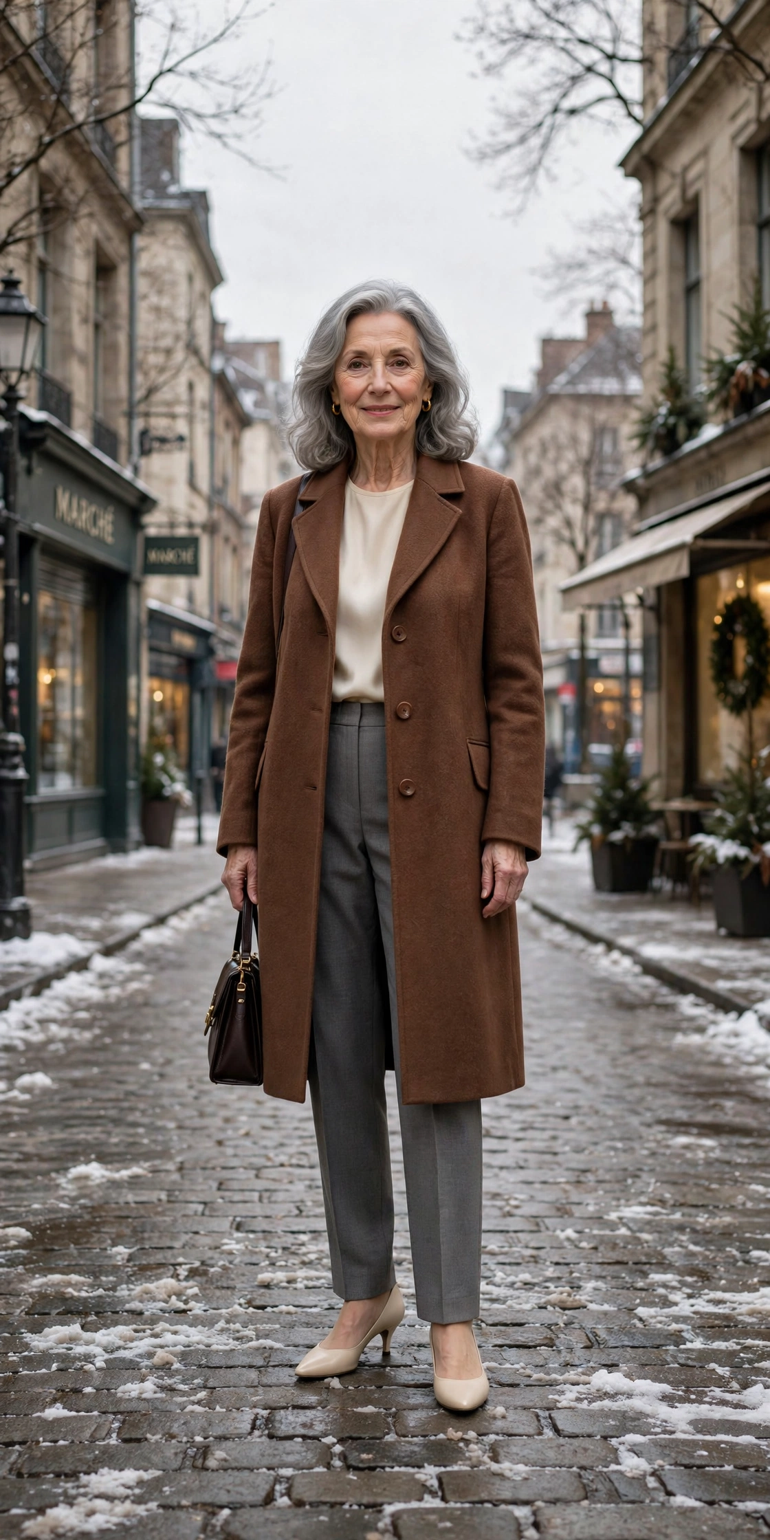 Cocoa brown coat, grey tailored trousers with a cream top and kitten heels