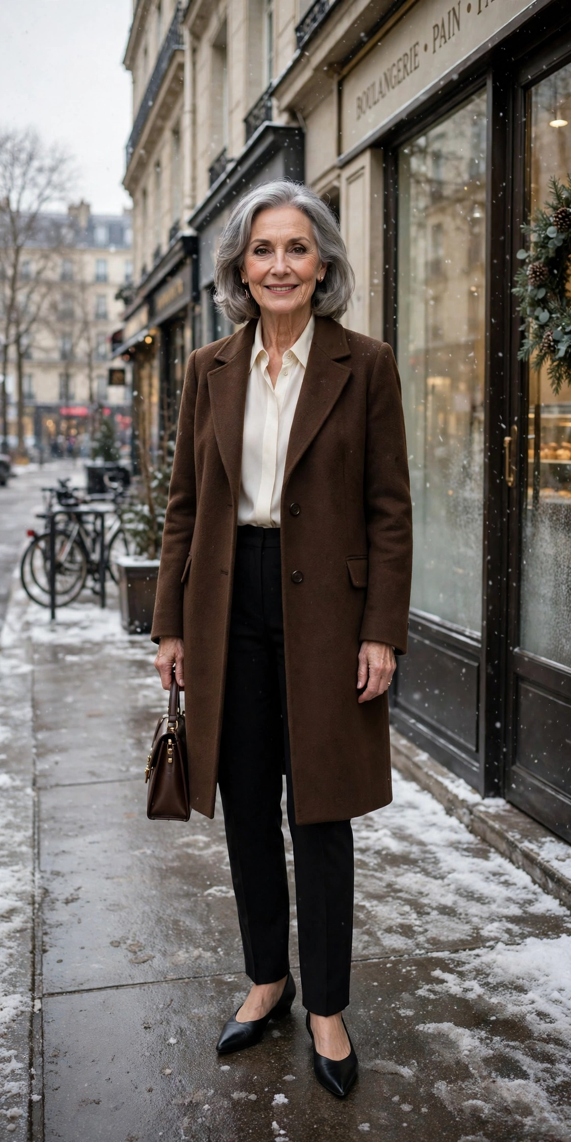 Espresso brown coat, ivory blouse with black trousers and elegant pointed flats