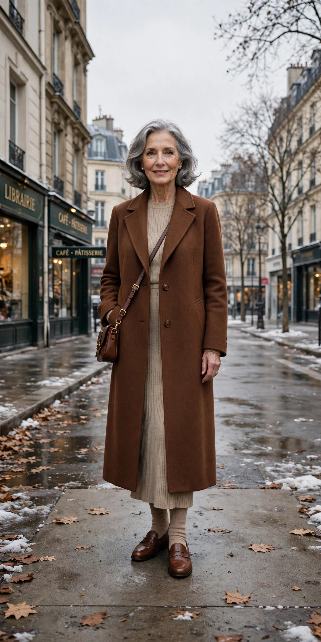 Cocoa brown coat, beige knit dress and classic loafers