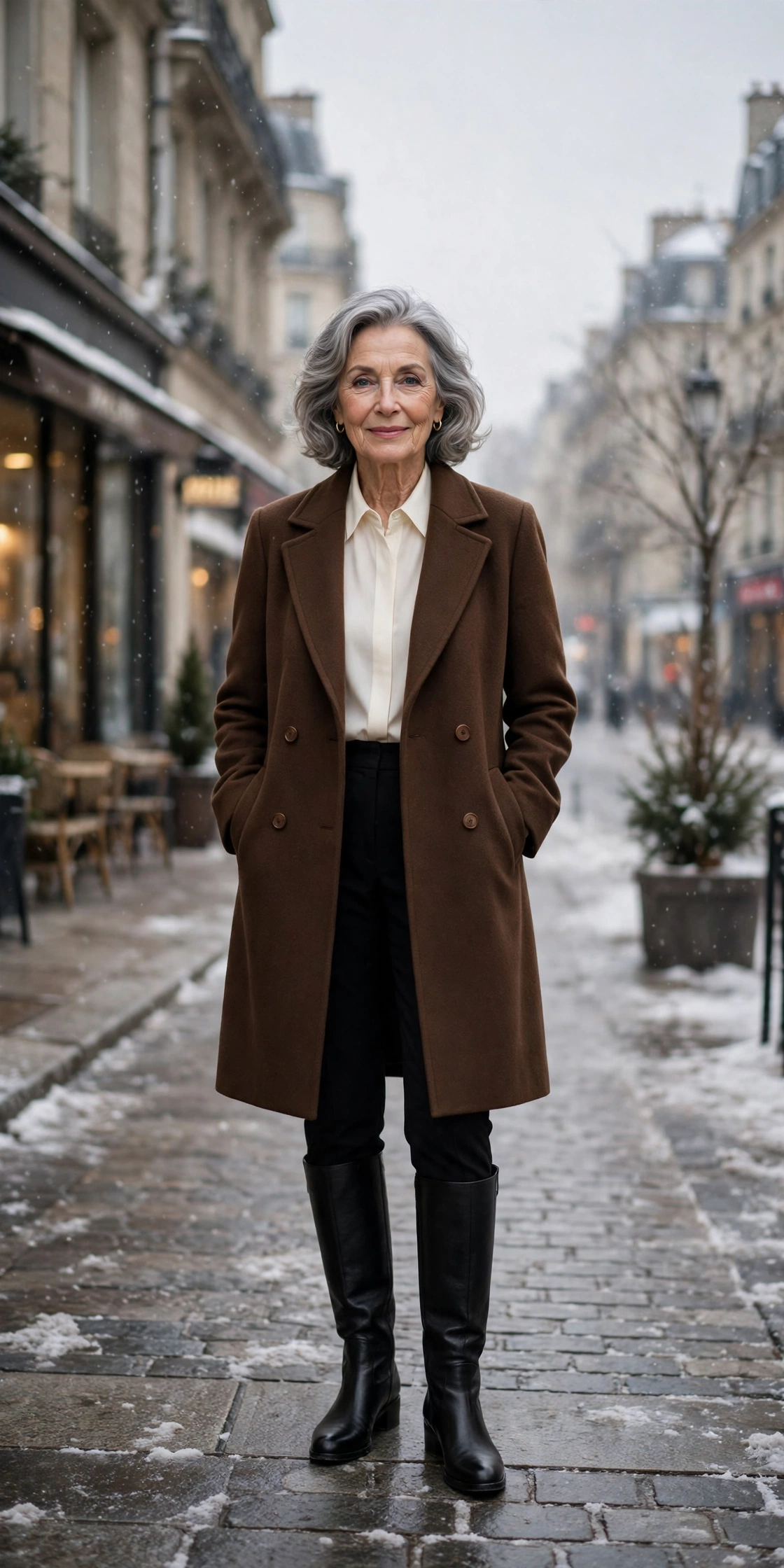 Espresso brown coat, ivory blouse with black trousers and knee-high boots