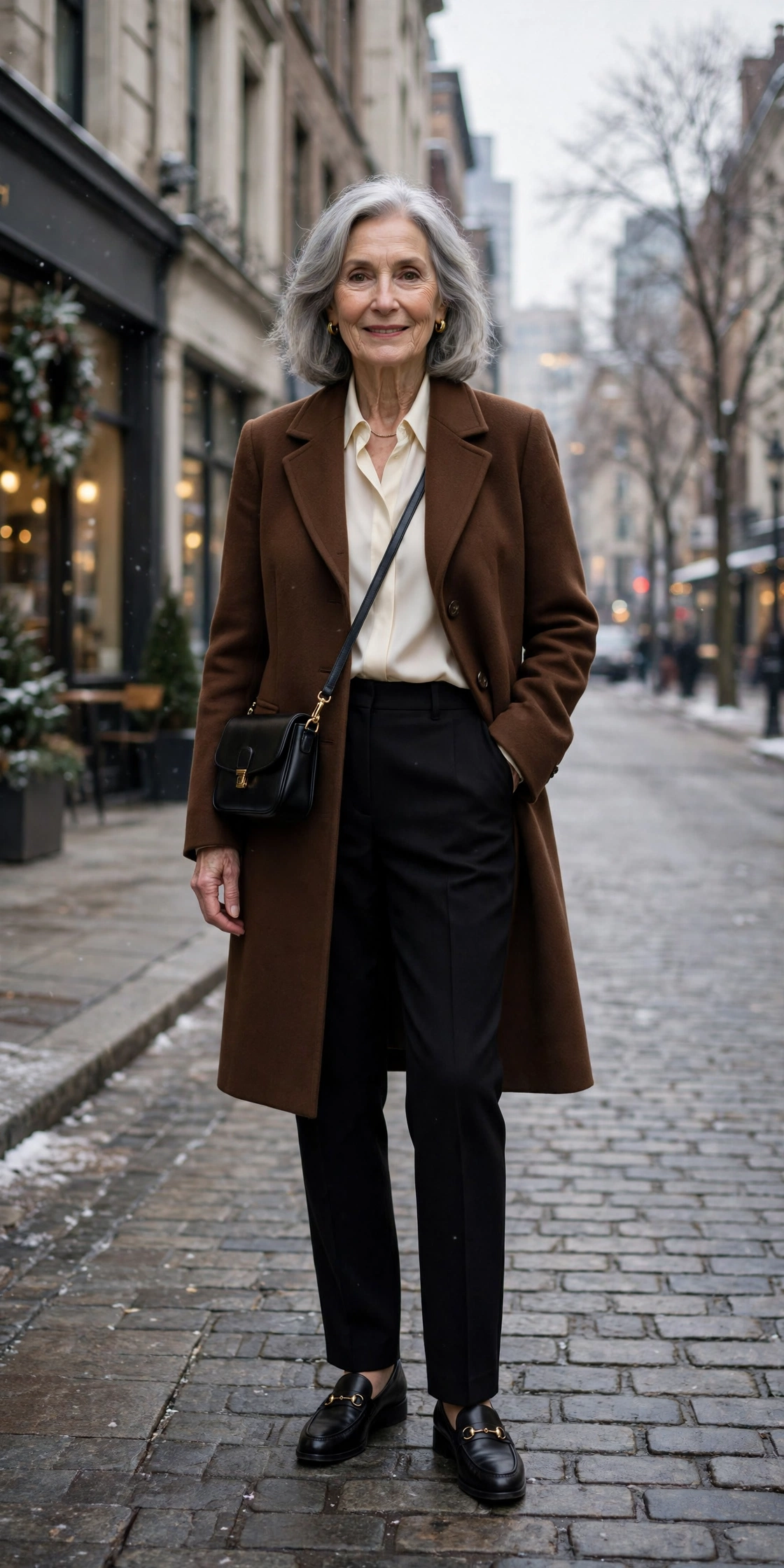 Espresso brown coat, ivory blouse with black trousers and classic loafers