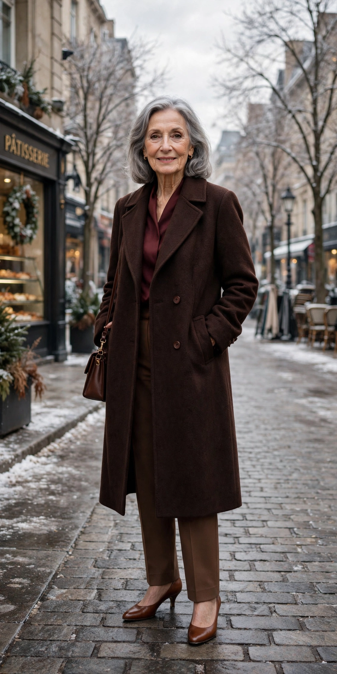 Dark chocolate brown coat, burgundy top with brown trousers and kitten heels