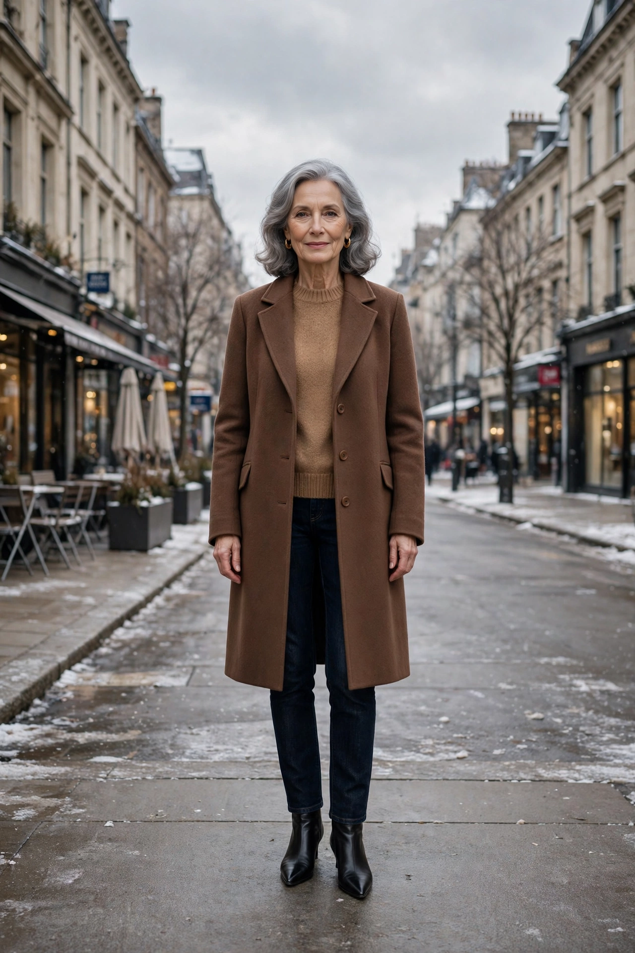 Milk chocolate brown coat, camel sweater with dark jeans and black pointed boots