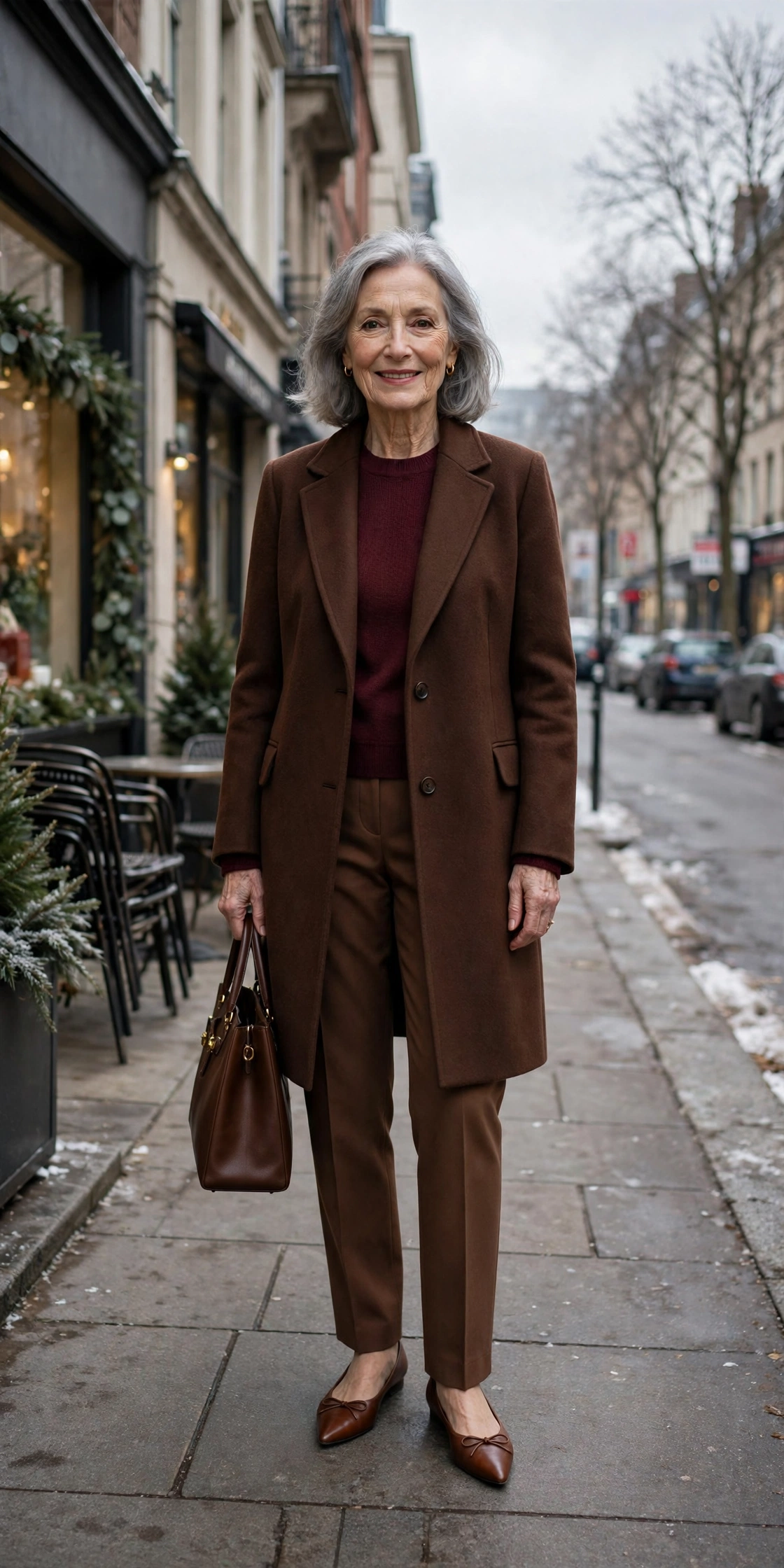 Warm chocolate brown coat, burgundy top with brown trousers and elegant pointed flats