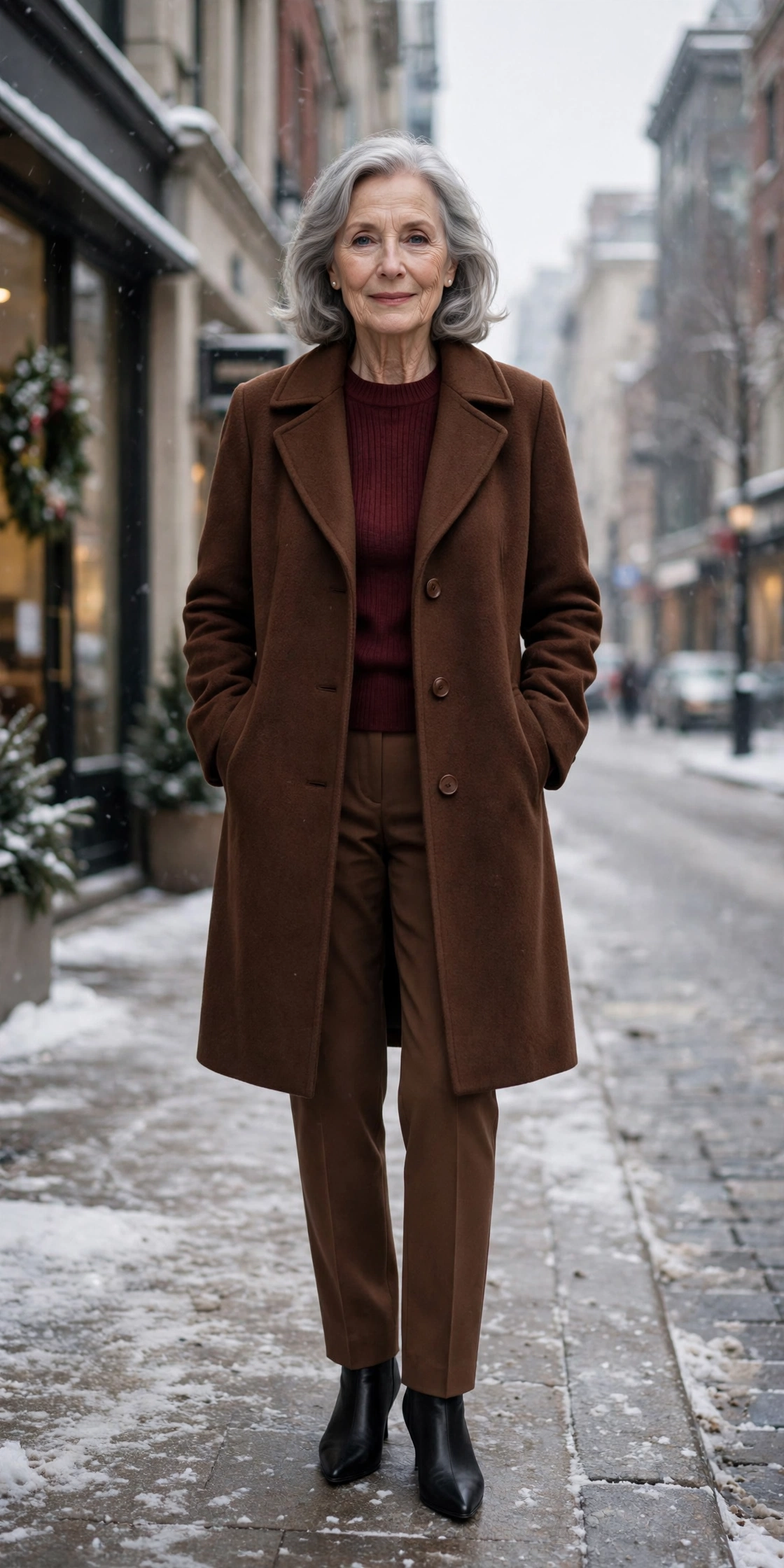 Warm chocolate brown coat, burgundy top with brown trousers and black pointed boots