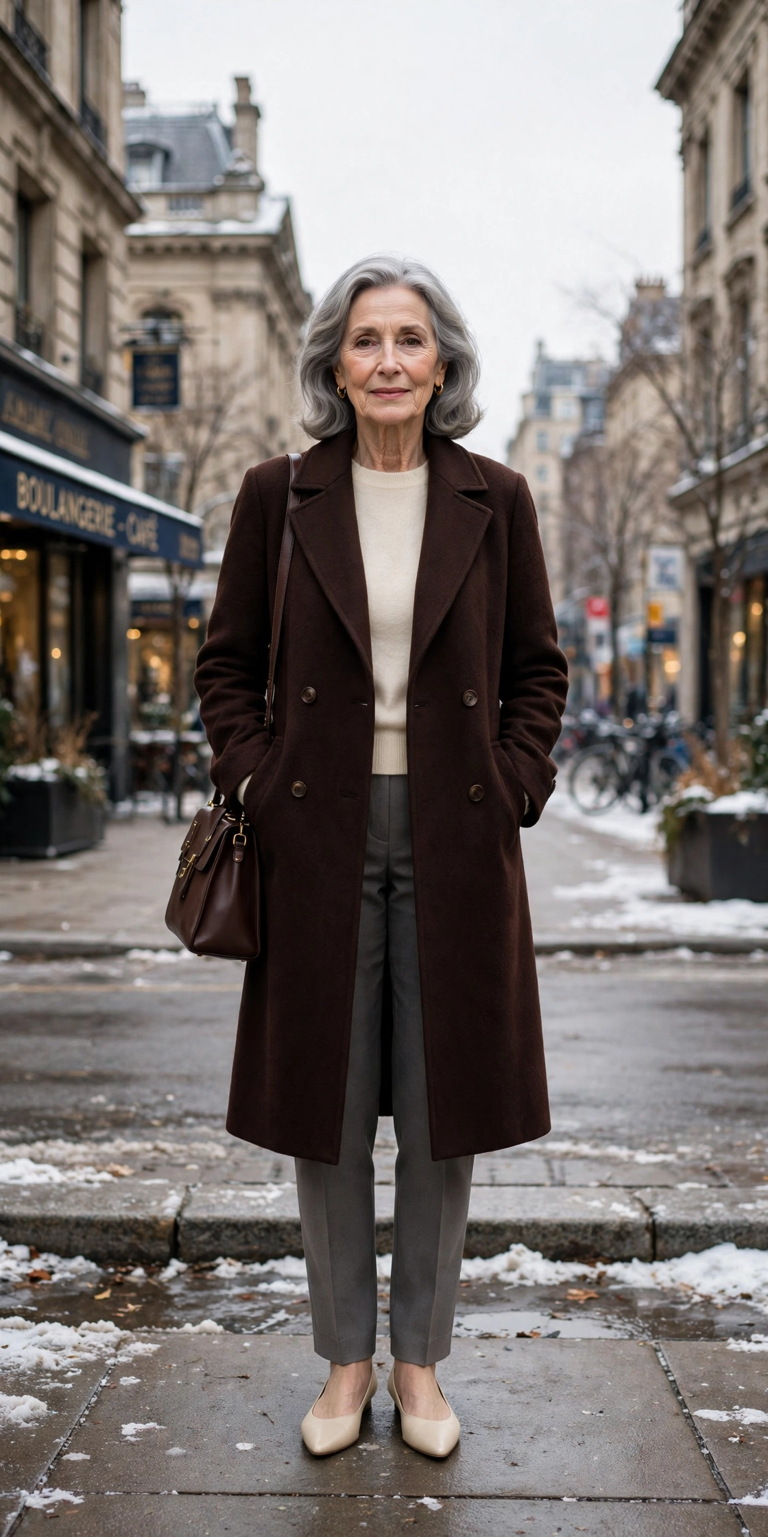Deep chocolate brown coat, grey tailored trousers with a cream top and elegant pointed flats