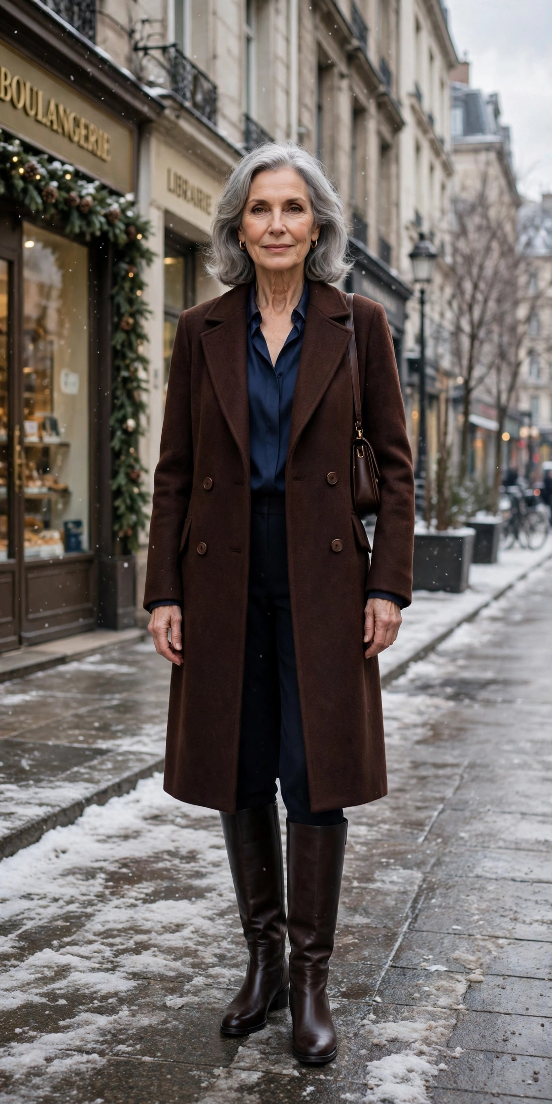 Deep chocolate brown coat, navy blouse with dark trousers and knee-high boots