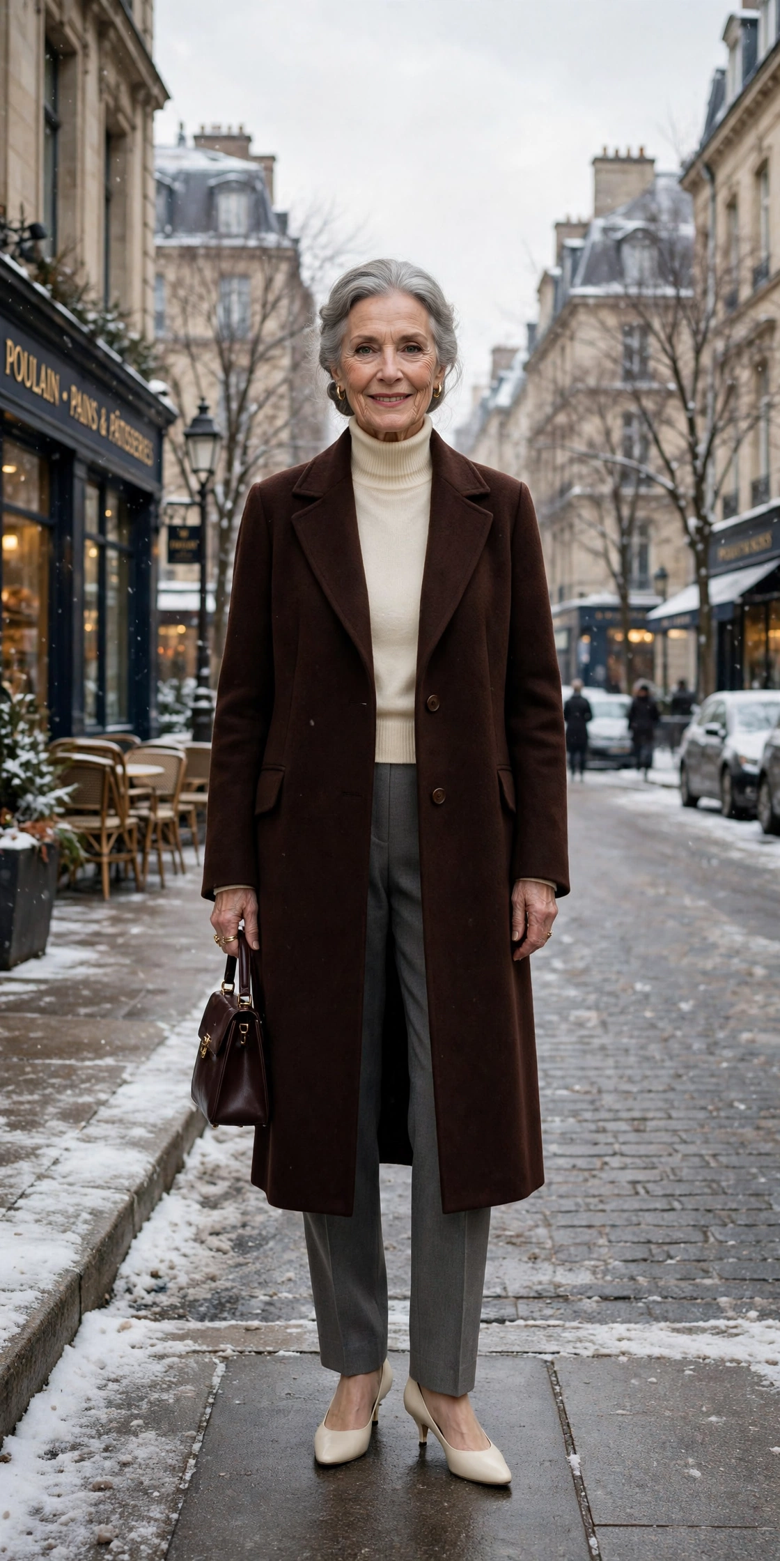 Deep chocolate brown coat, grey tailored trousers with a cream top and kitten heels