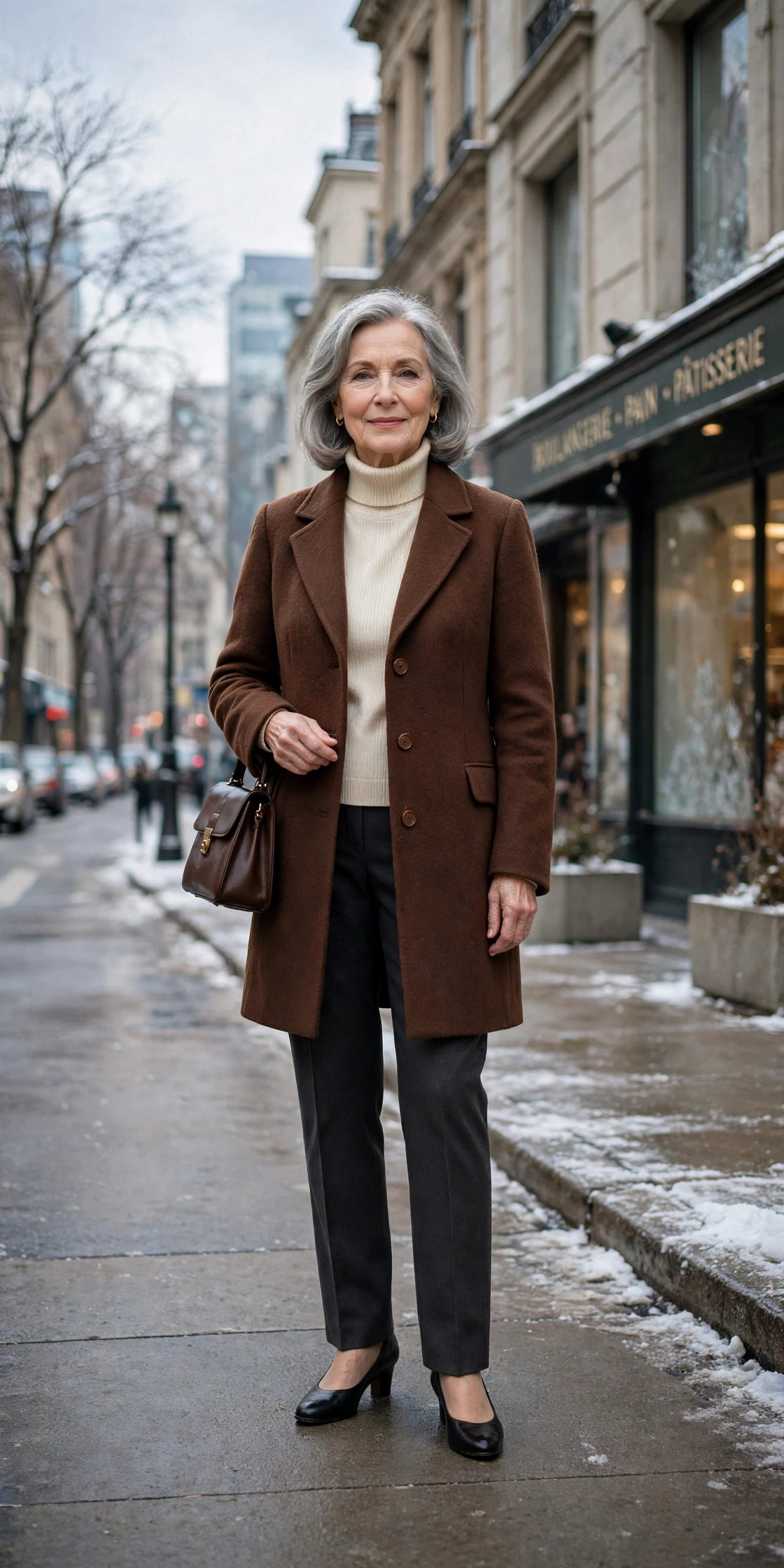 Warm chocolate brown coat, cream turtleneck with dark trousers and low-heeled pumps