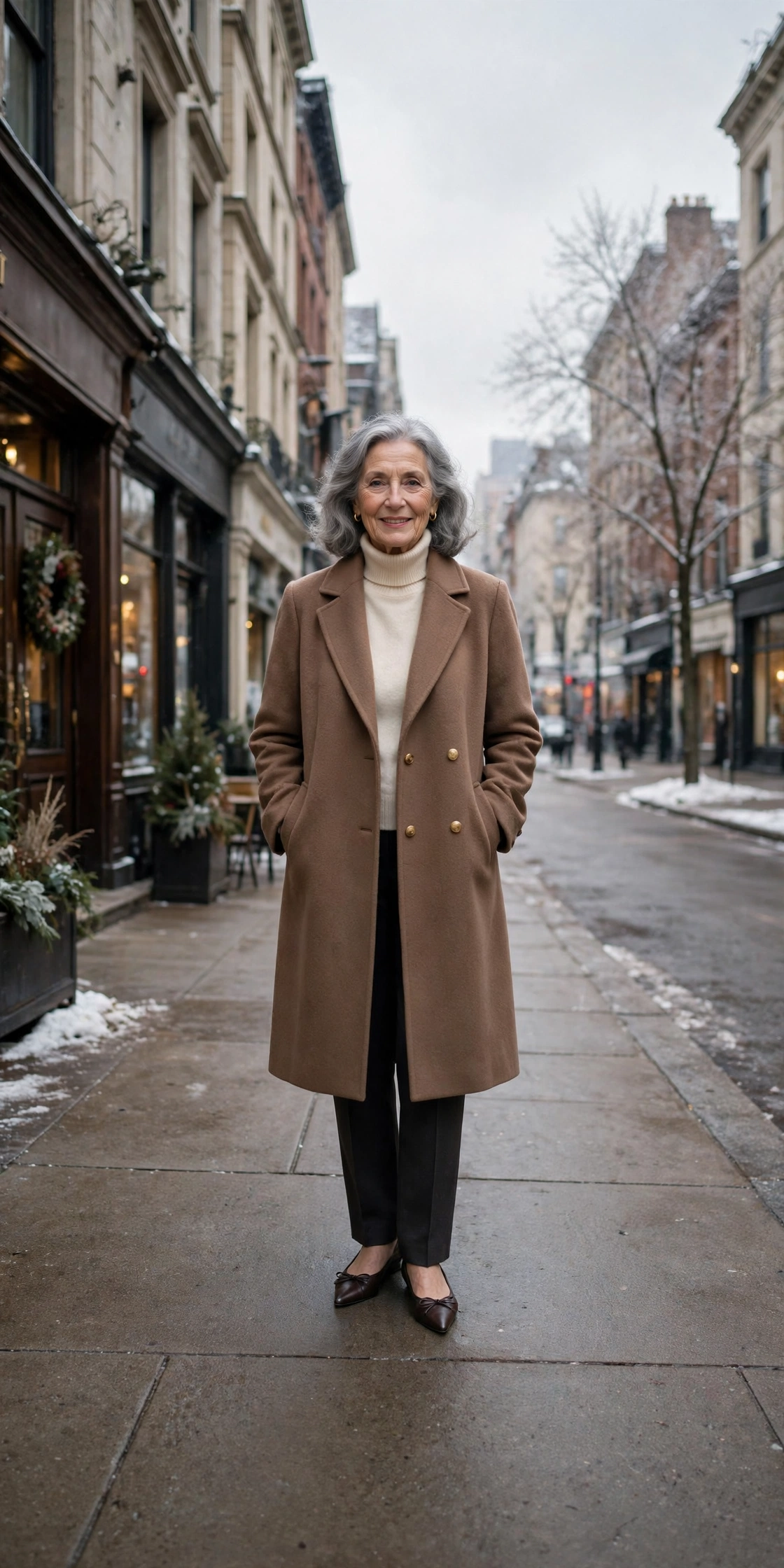 Mocha brown coat, cream turtleneck with dark trousers and elegant pointed flats