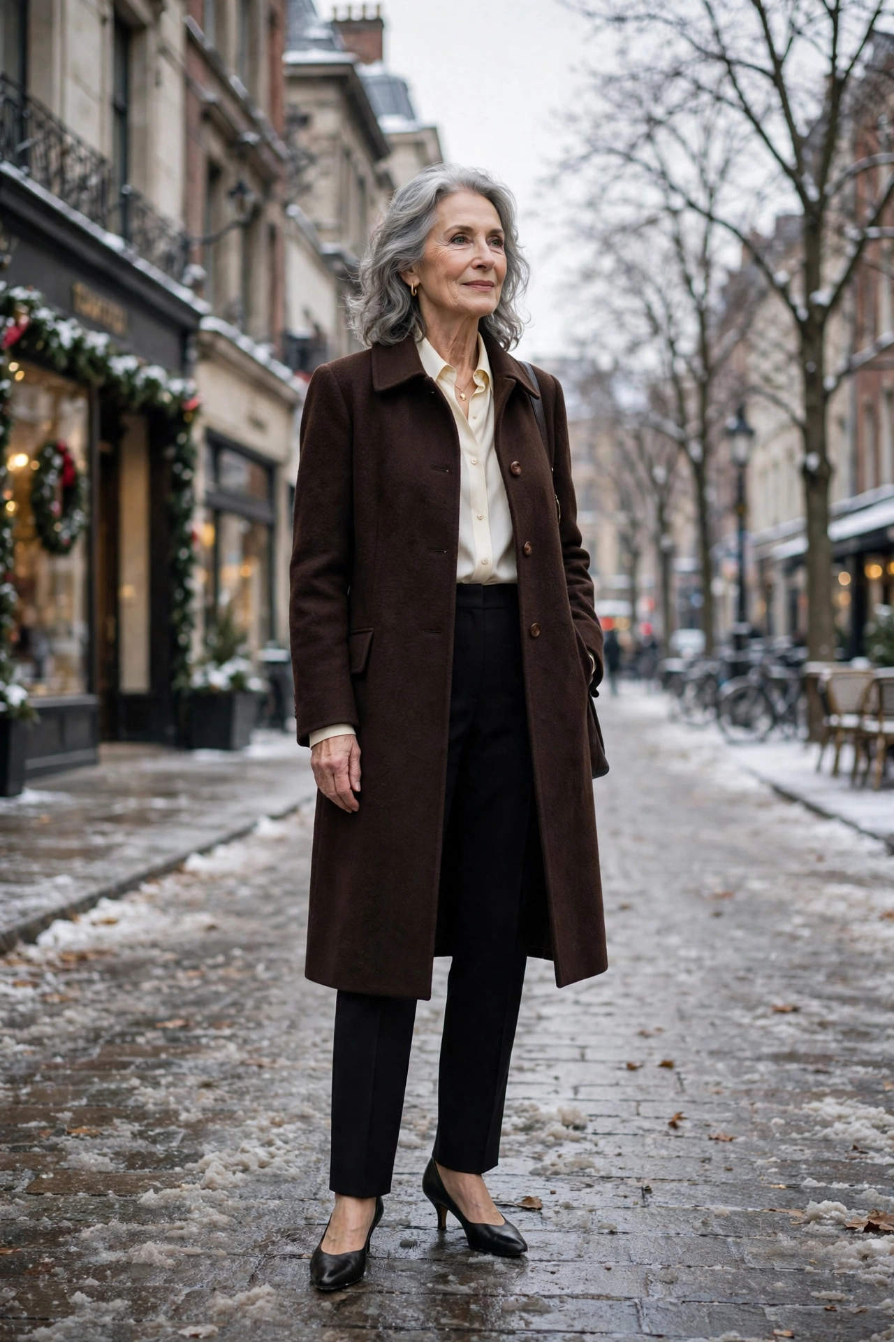 Dark chocolate brown coat, ivory blouse with black trousers and kitten heels