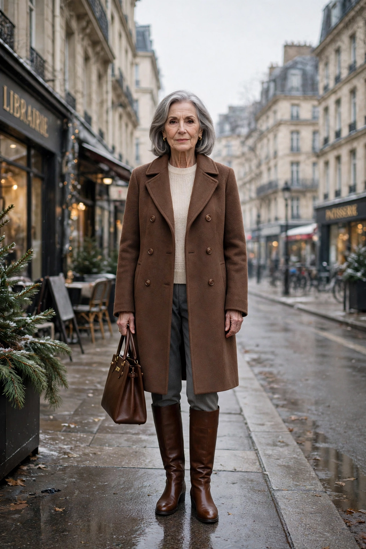 Milk chocolate brown coat, grey tailored trousers with a cream top and knee-high boots