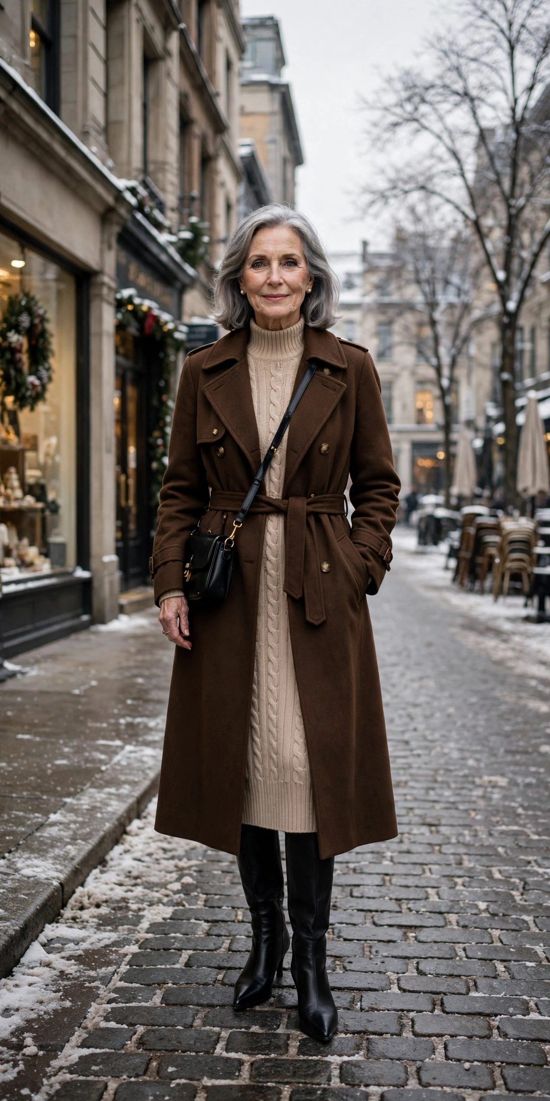 Espresso brown coat, beige knit dress and black pointed boots