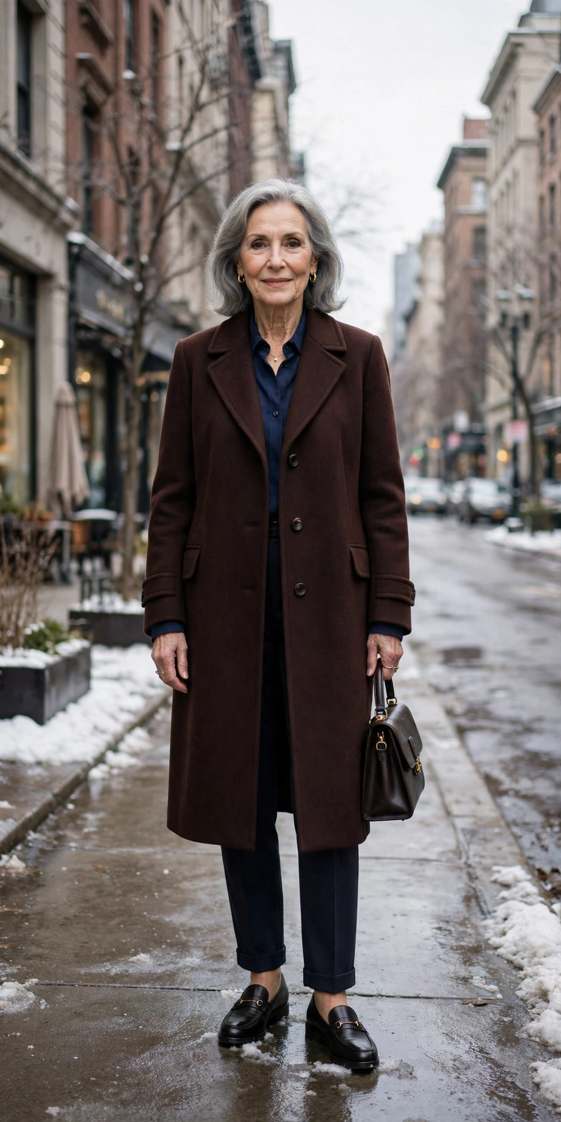 Deep chocolate brown coat, navy blouse with dark trousers and classic loafers