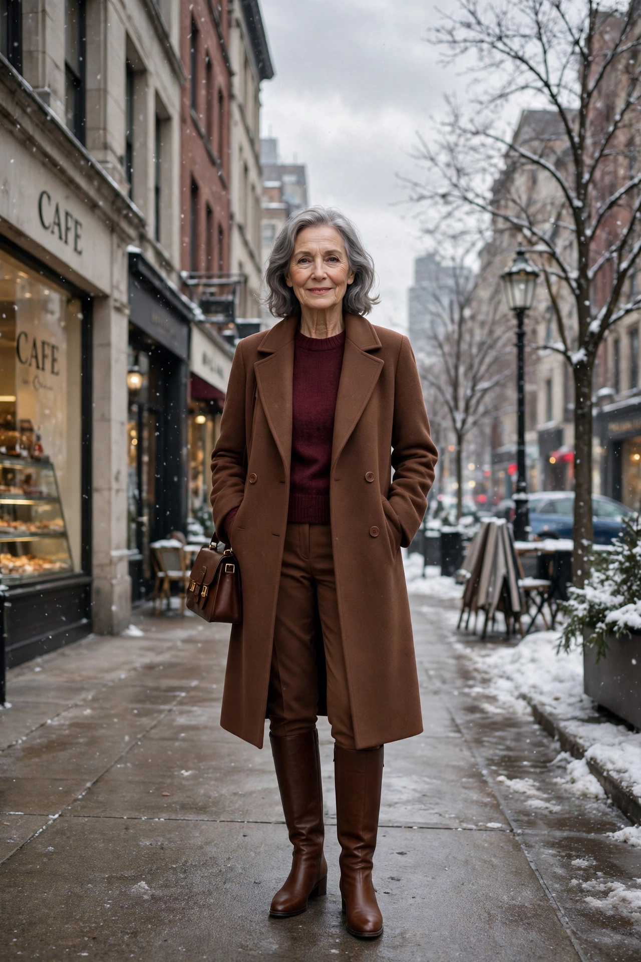 Cocoa brown coat, burgundy top with brown trousers and knee-high boots
