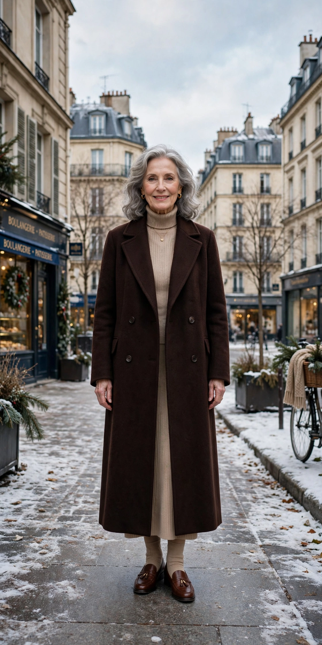 Dark chocolate brown coat, beige knit dress and classic loafers