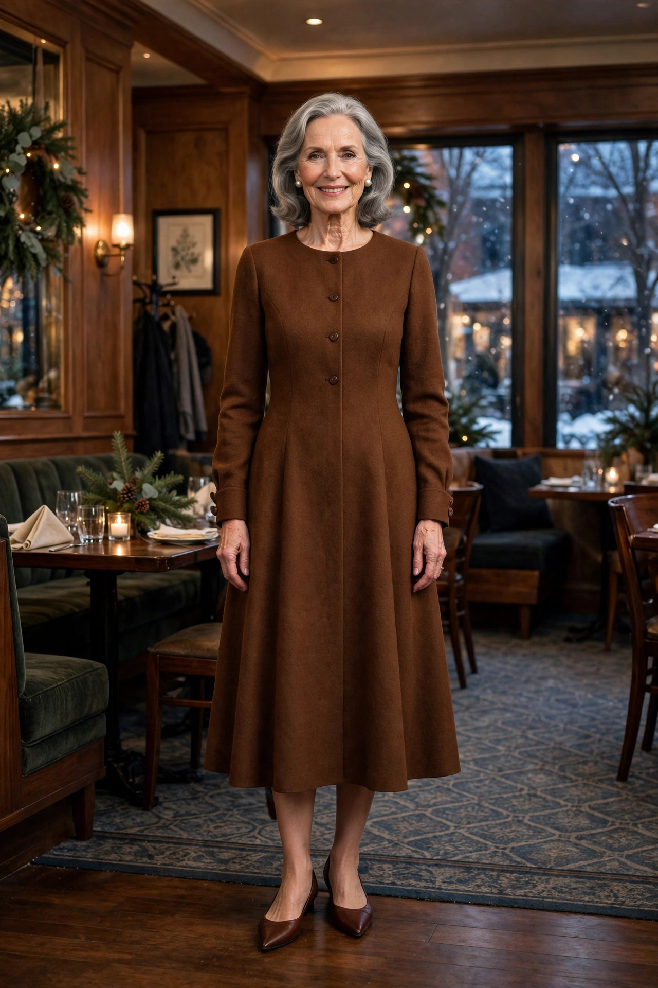 Chestnut brown A-line dress with elegant pointed flats