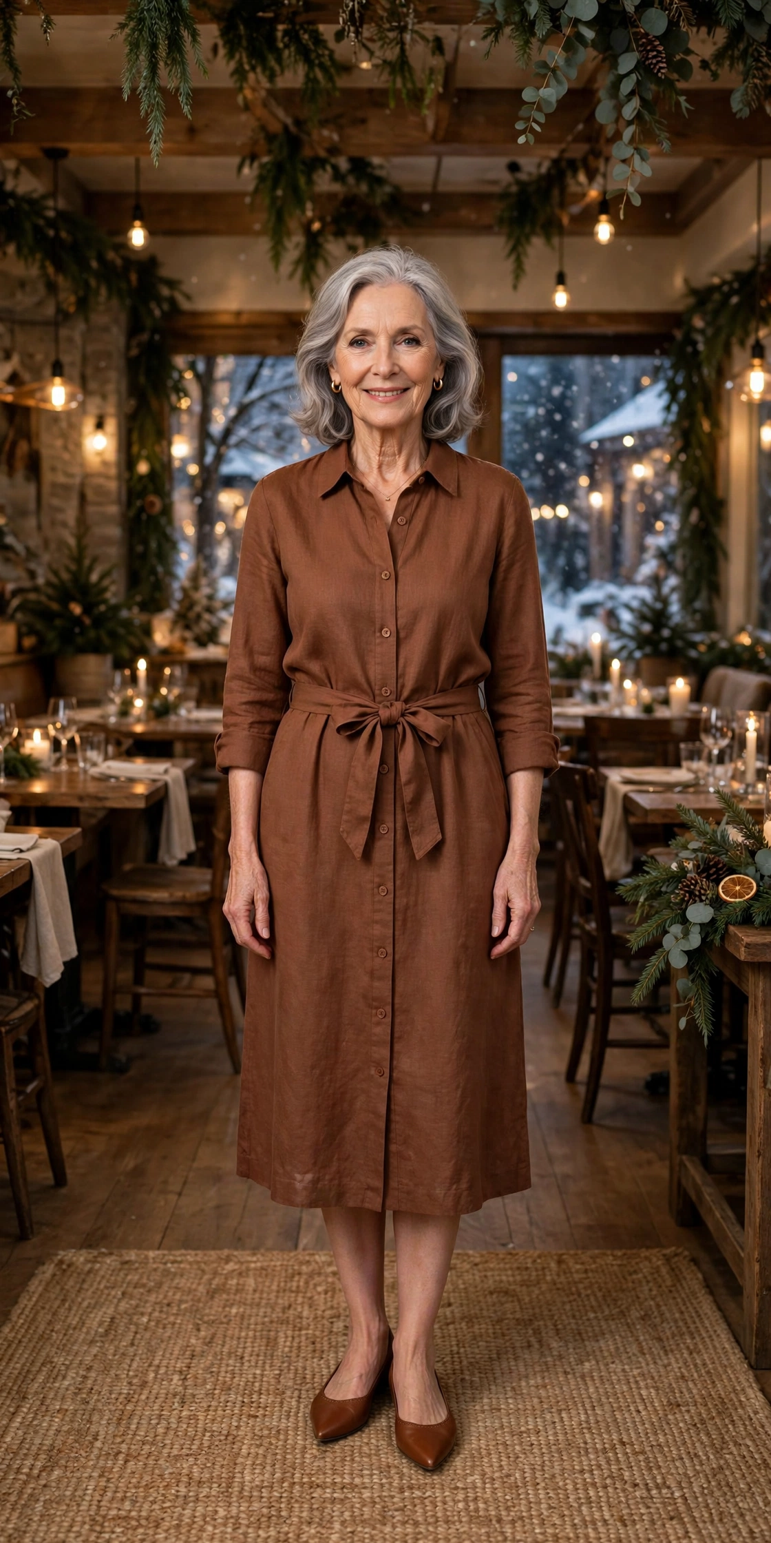Cocoa brown shirt dress with elegant pointed flats
