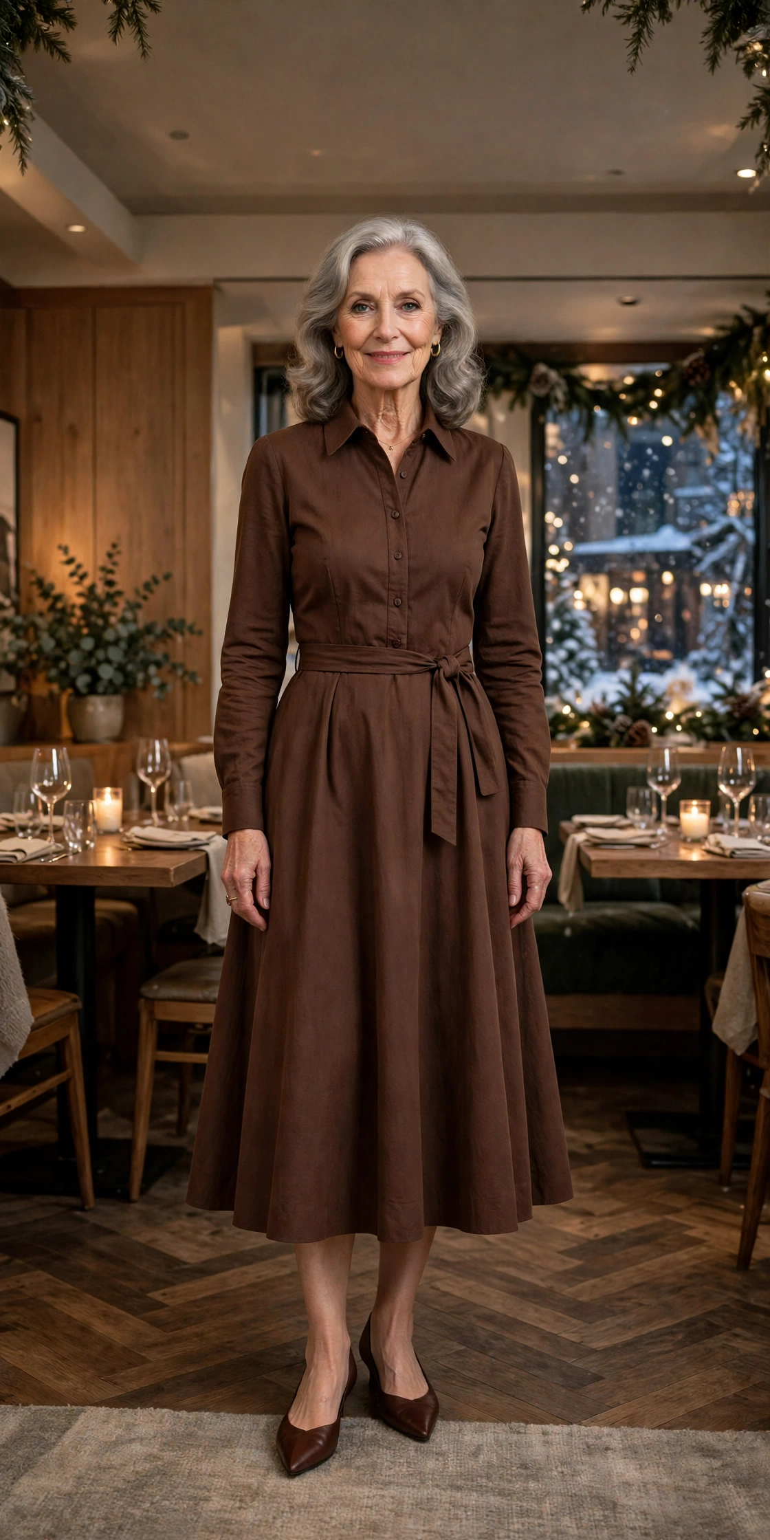 Warm chocolate brown fit-and-flare dress with elegant pointed flats
