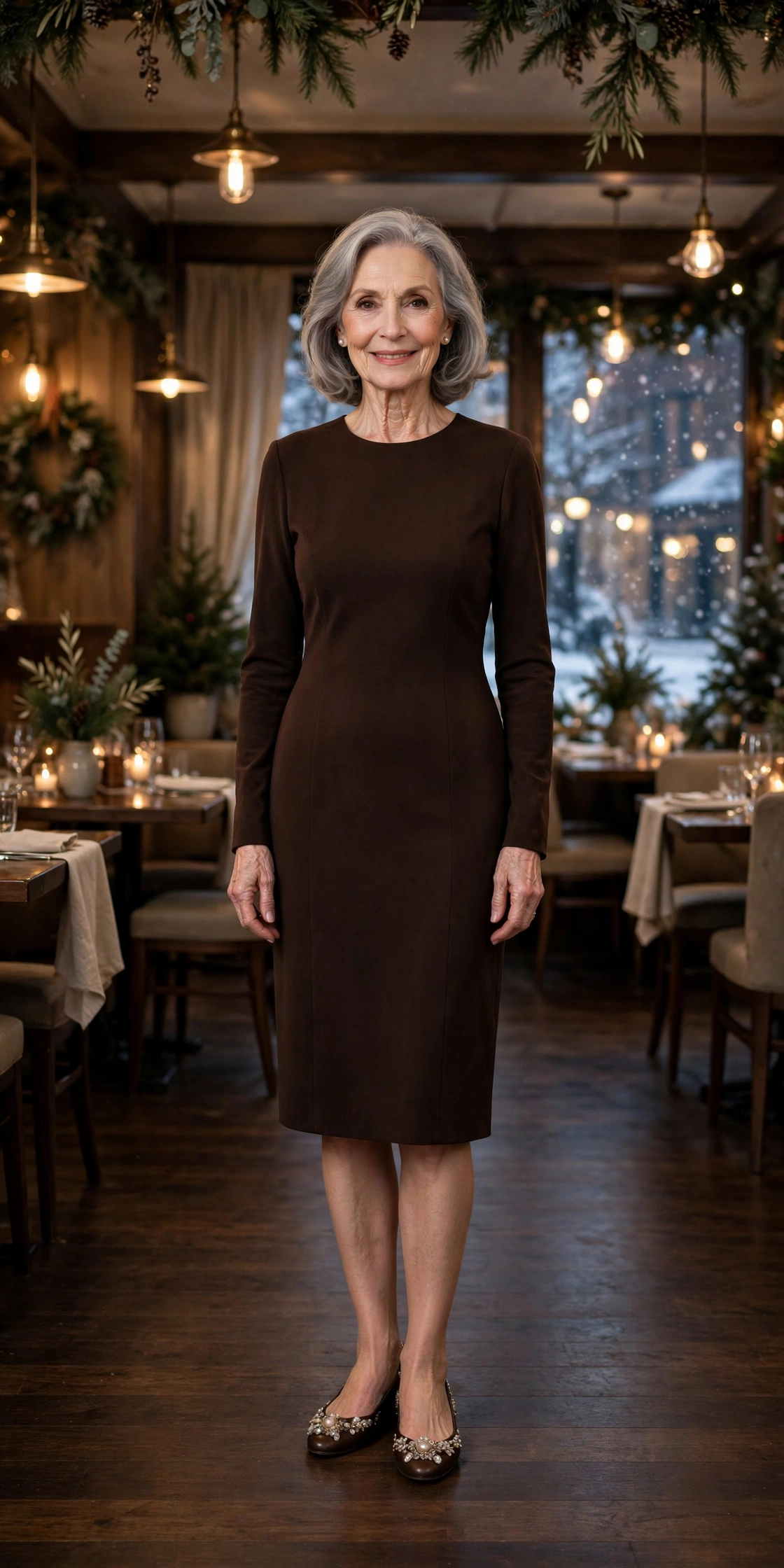 Espresso brown sheath dress with embellished flats