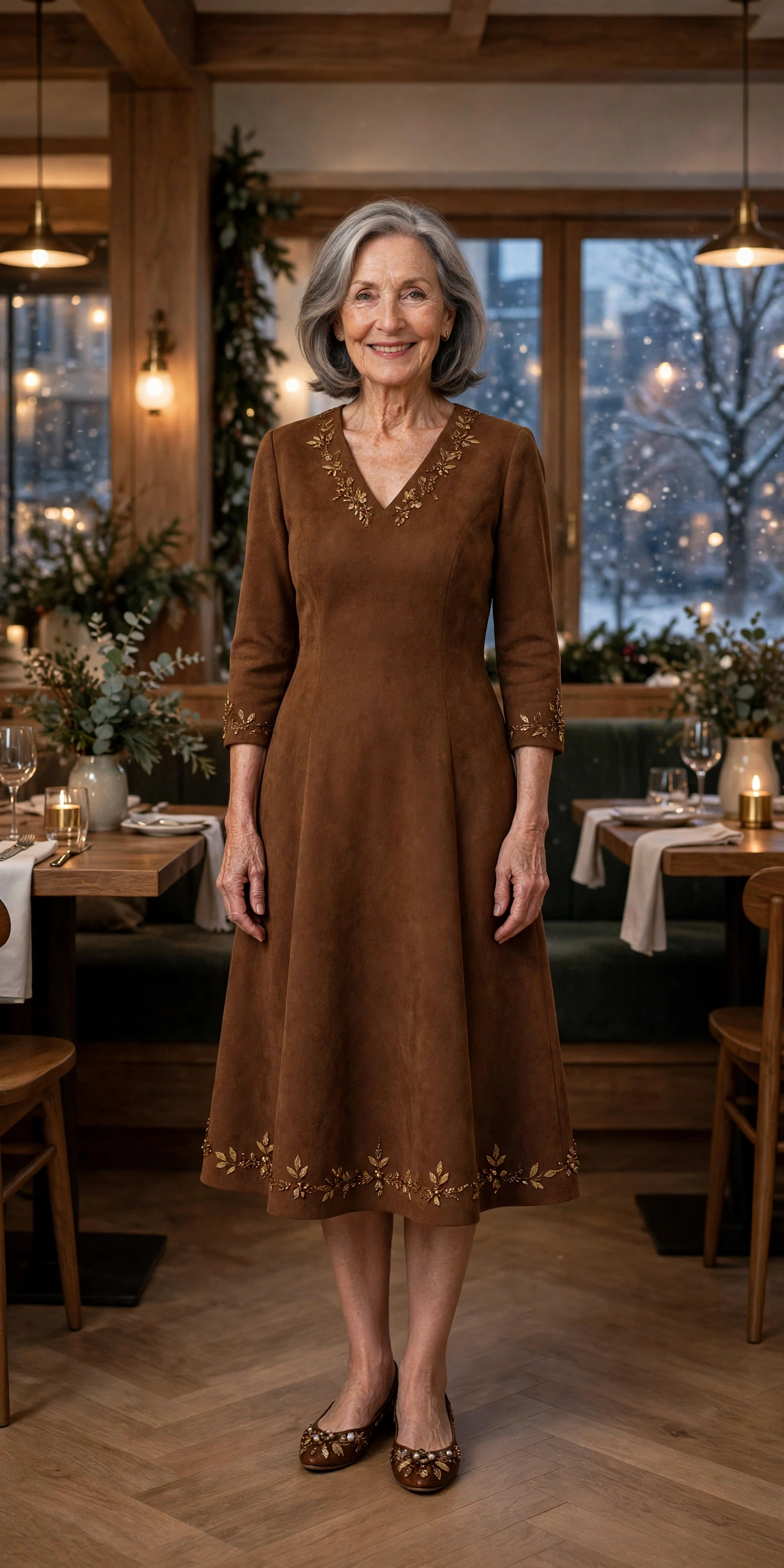 Chestnut brown A-line dress with embellished flats