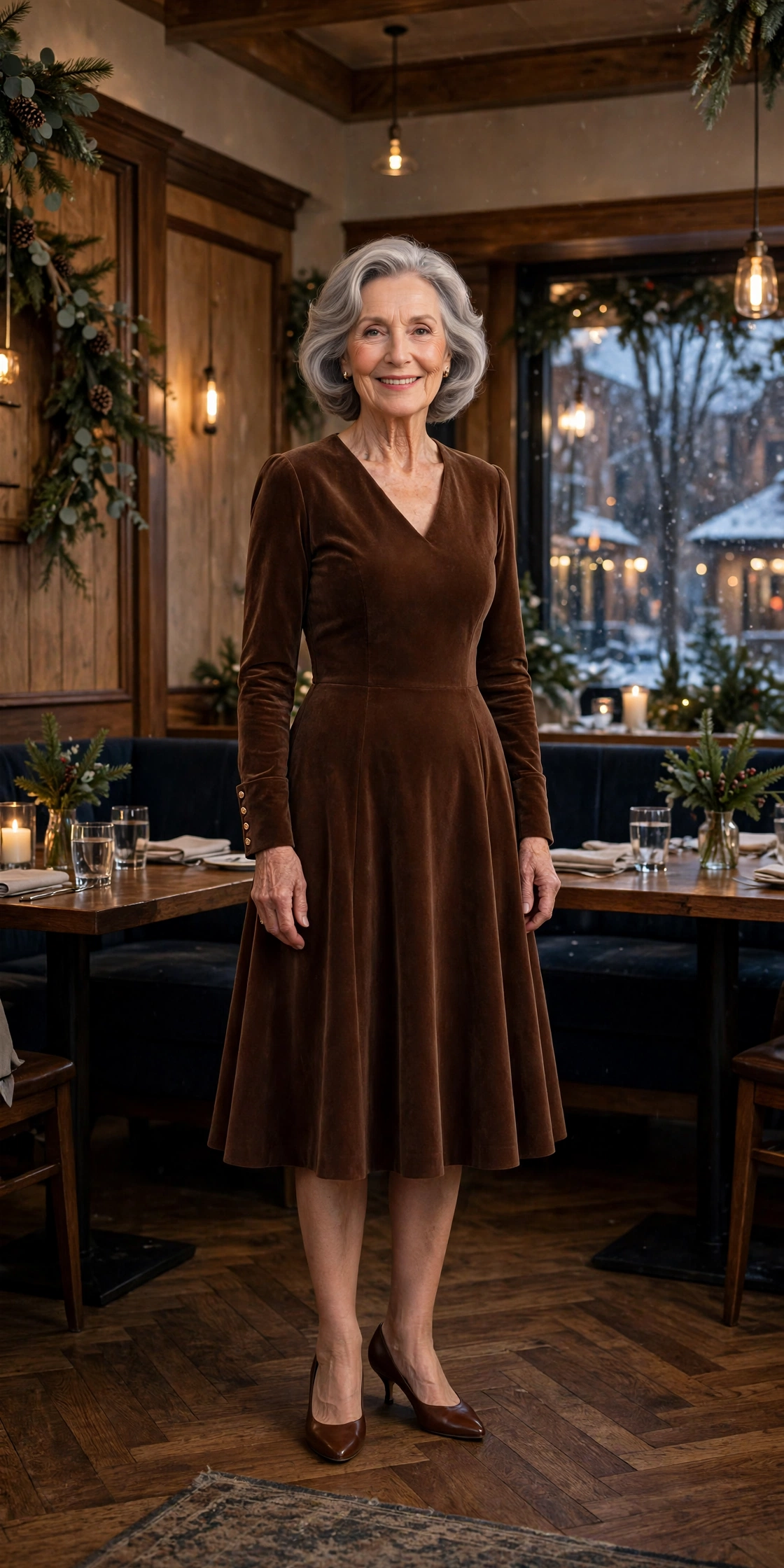 Warm chocolate brown fit-and-flare dress with kitten heels