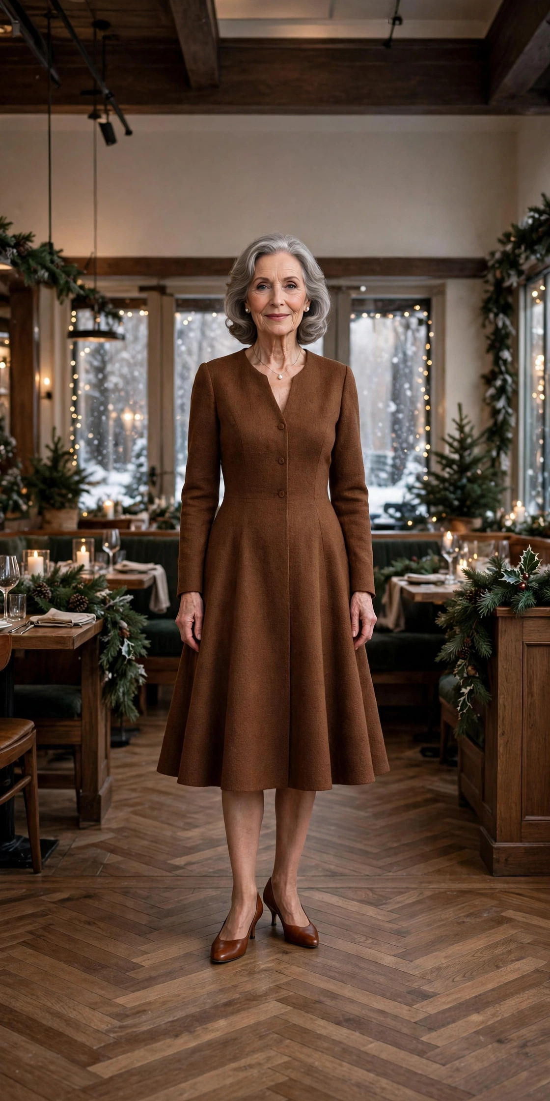 Chestnut brown A-line dress with kitten heels