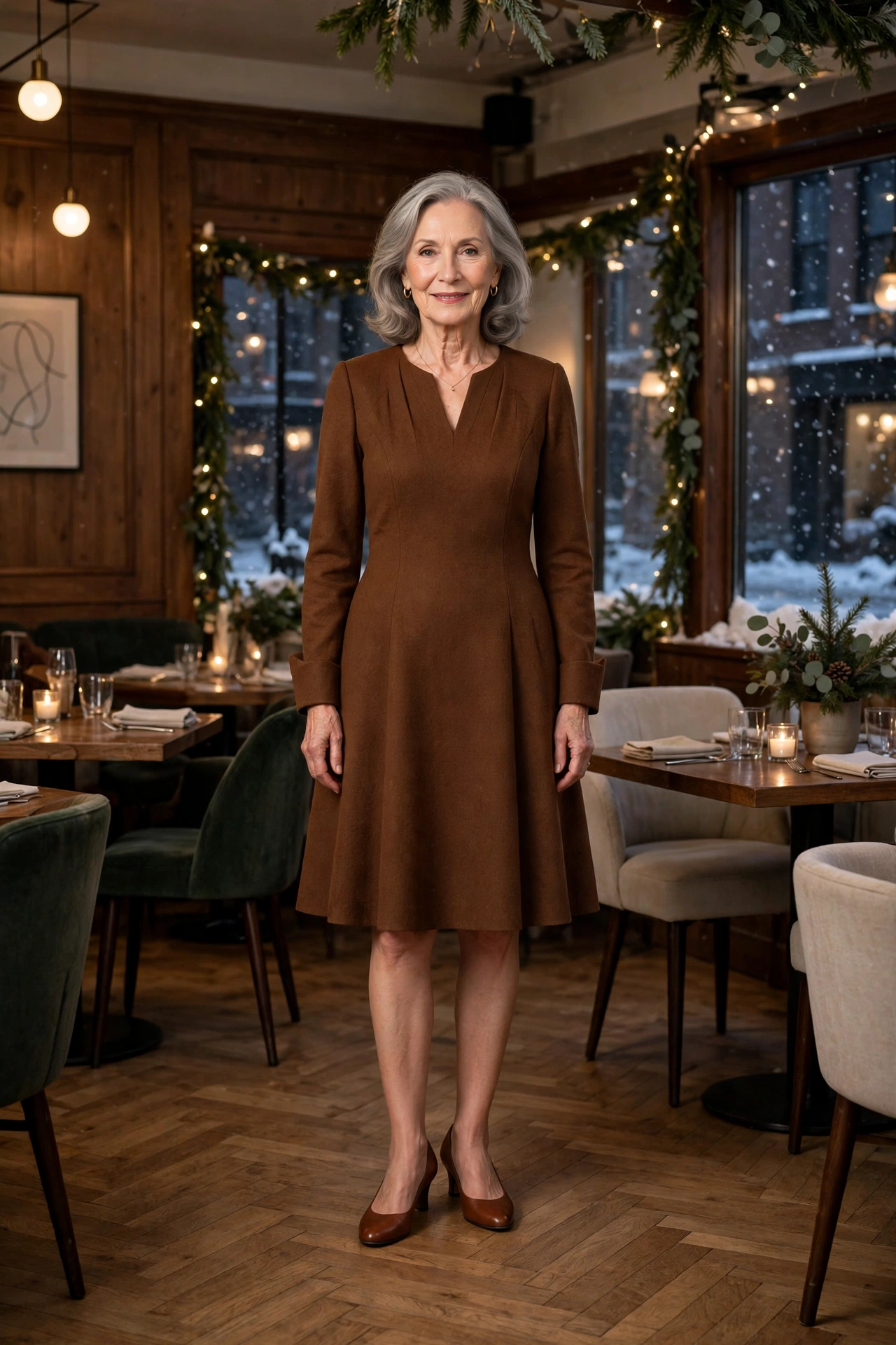 Chestnut brown A-line dress with classic pumps