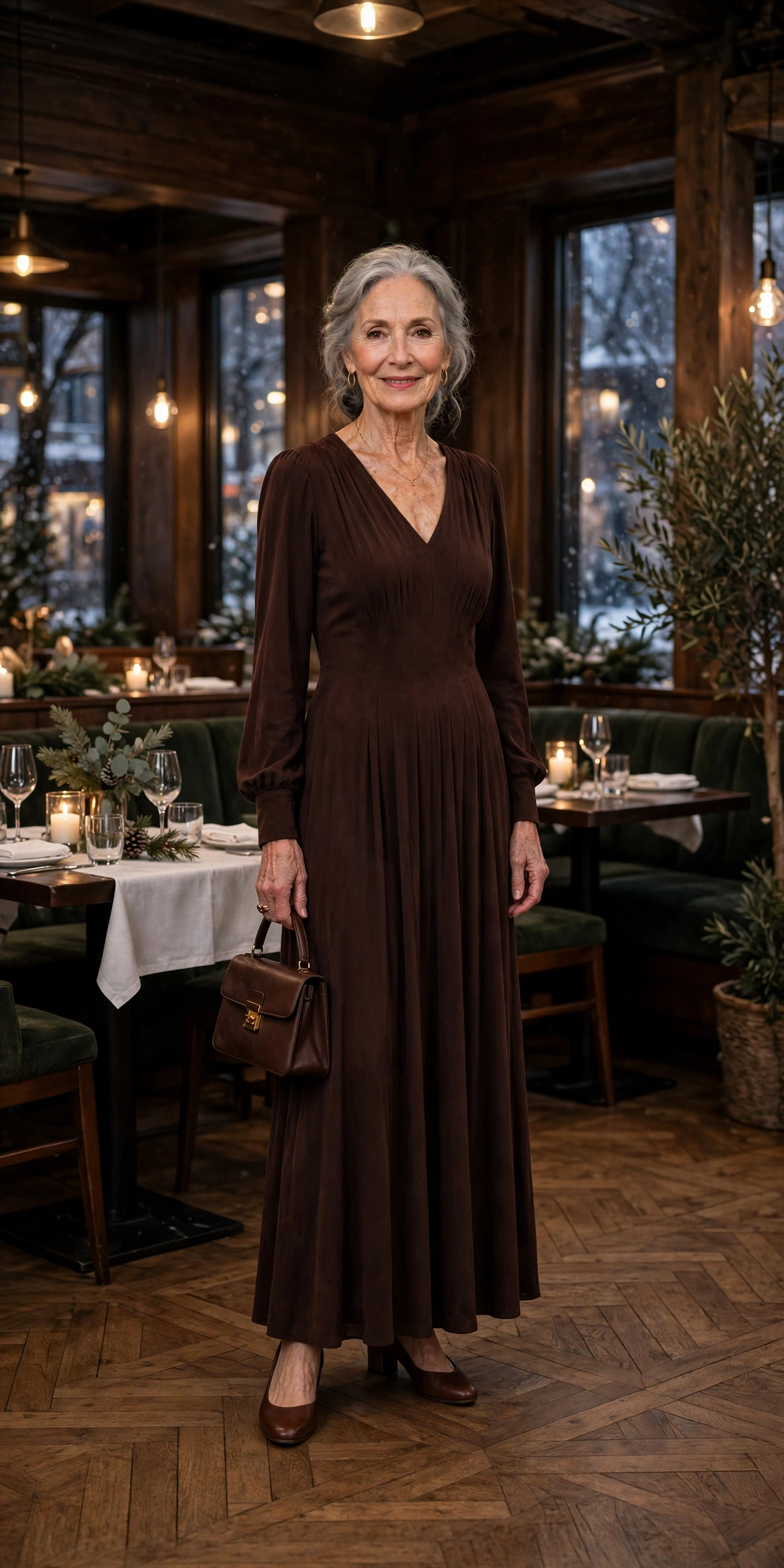 Deep chocolate brown maxi dress with low block heels