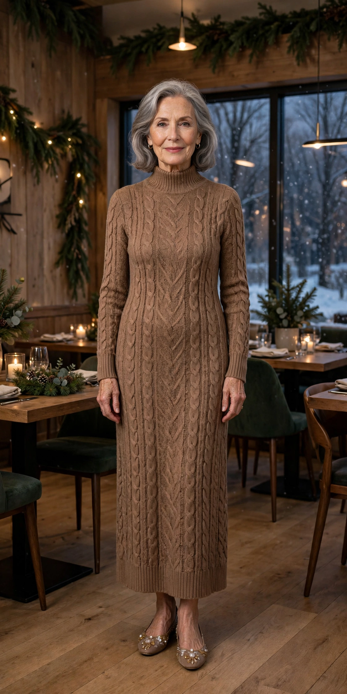 Mocha brown knit dress with embellished flats