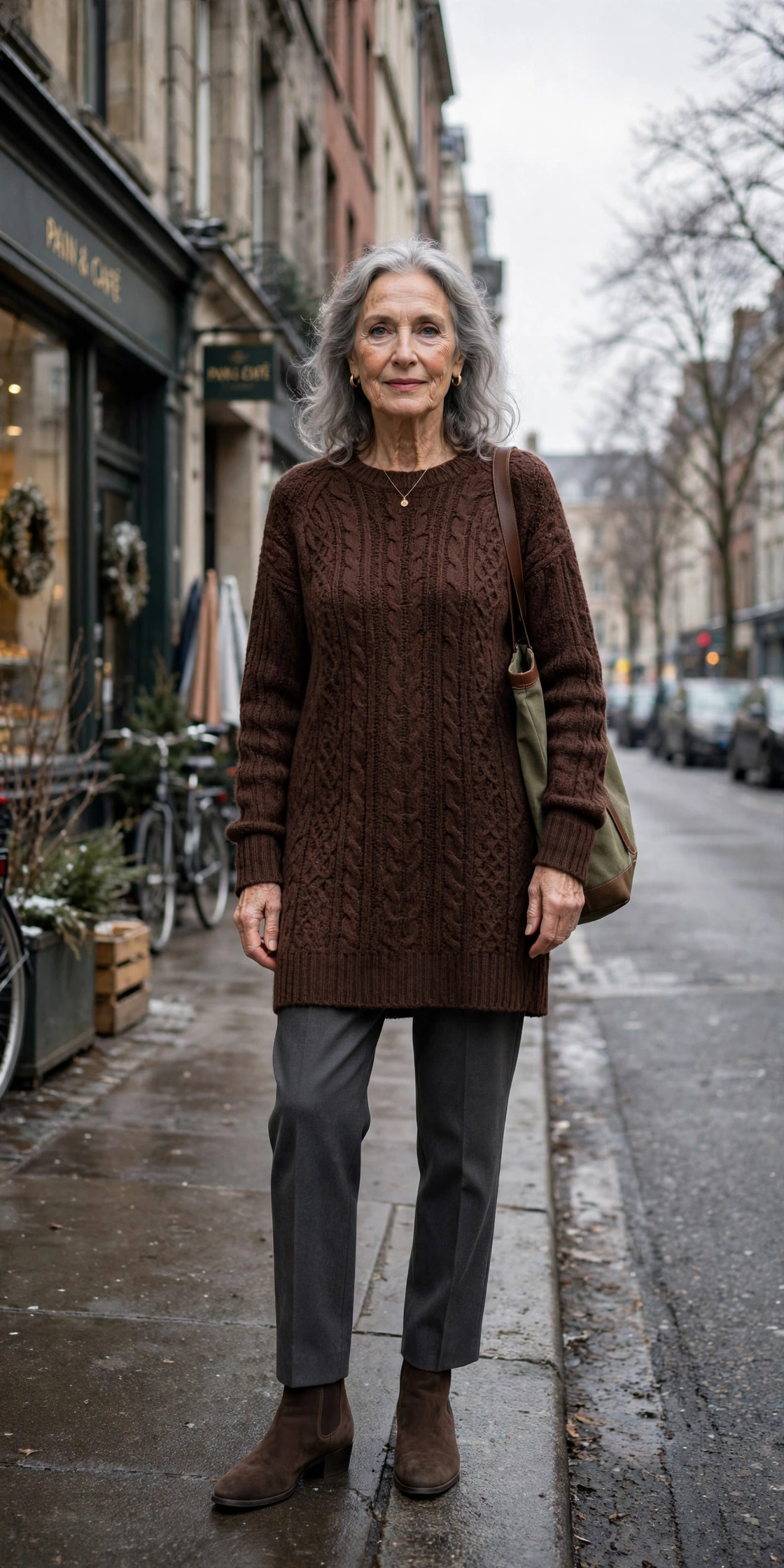 25 Women over 70 chocolate brown knit outfits for January weekends That Are Chic, Warm and Elegant 2 Chocolate brown knitted tunic, charcoal trousers and suede ankle boots