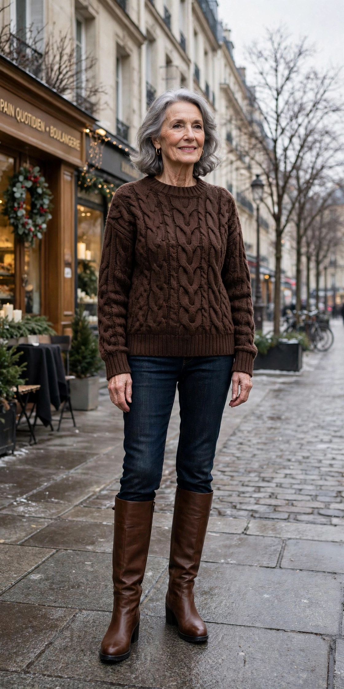 25 Women over 70 chocolate brown knit outfits for January weekends That Are Chic, Warm and Elegant 3 Chocolate brown cable knit sweater, dark jeans and knee-high boots