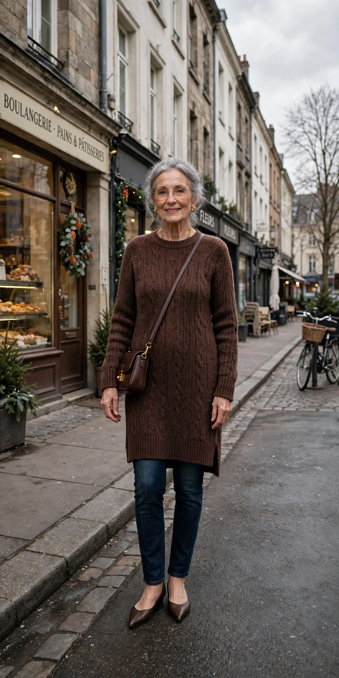25 Women over 70 chocolate brown knit outfits for January weekends That Are Chic, Warm and Elegant 4 Chocolate brown knit dress, dark jeans and elegant pointed flats