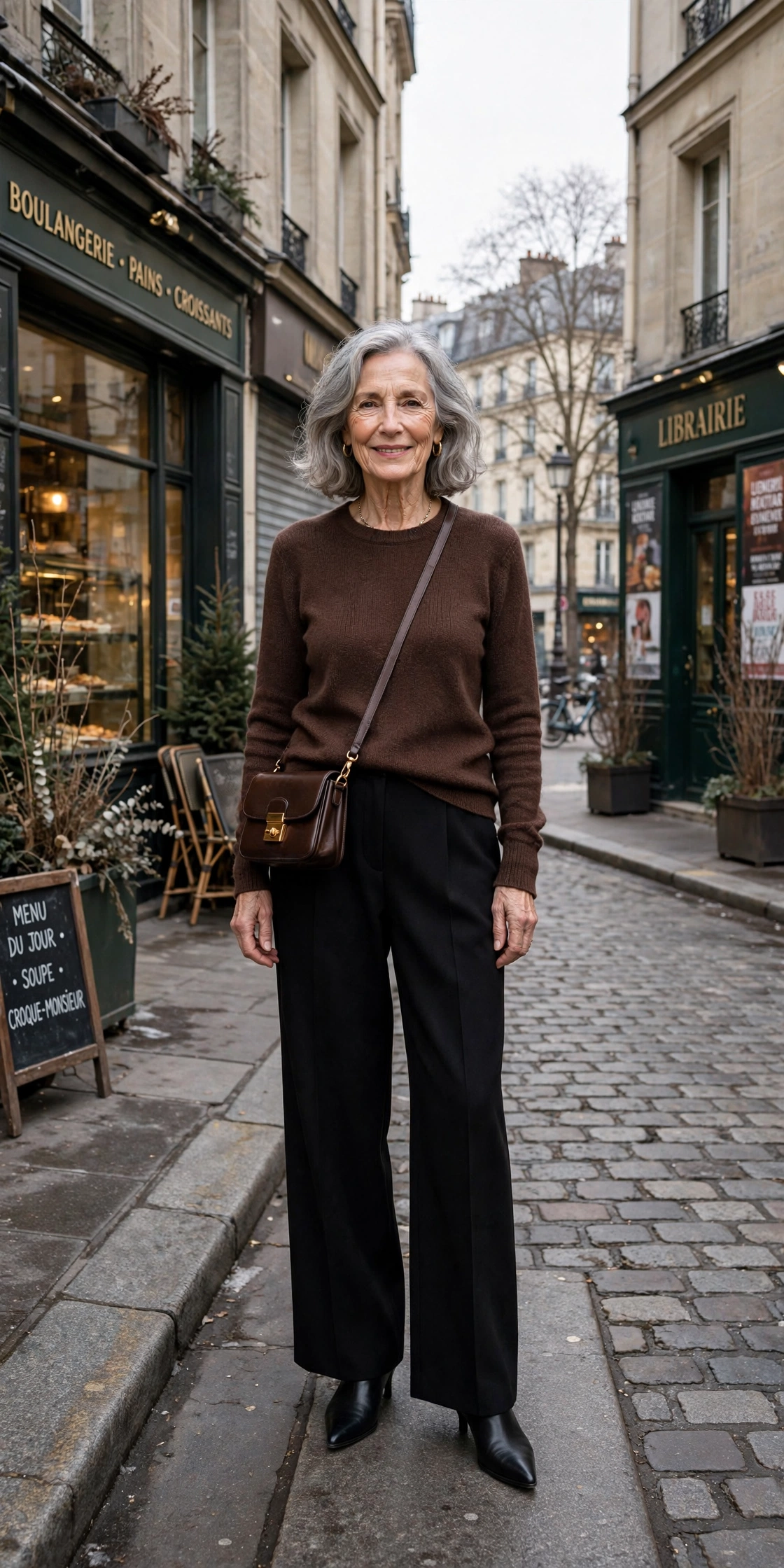 25 Women over 70 chocolate brown knit outfits for January weekends That Are Chic, Warm and Elegant 5 Chocolate brown fine knit top, black wide-leg trousers and black pointed boots