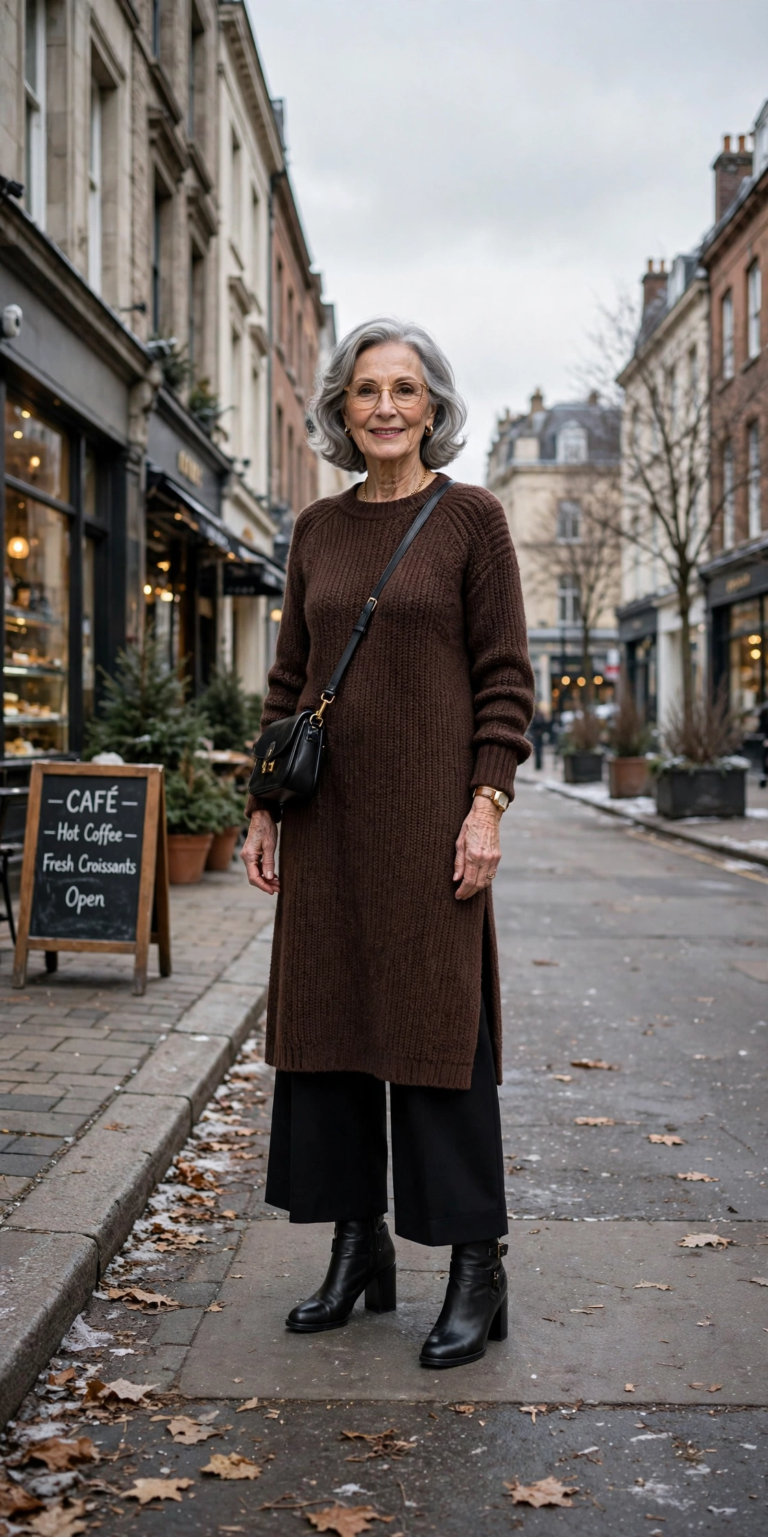 25 Women over 70 chocolate brown knit outfits for January weekends That Are Chic, Warm and Elegant 6 Chocolate brown knit midi dress, black wide-leg trousers and block-heel ankle boots