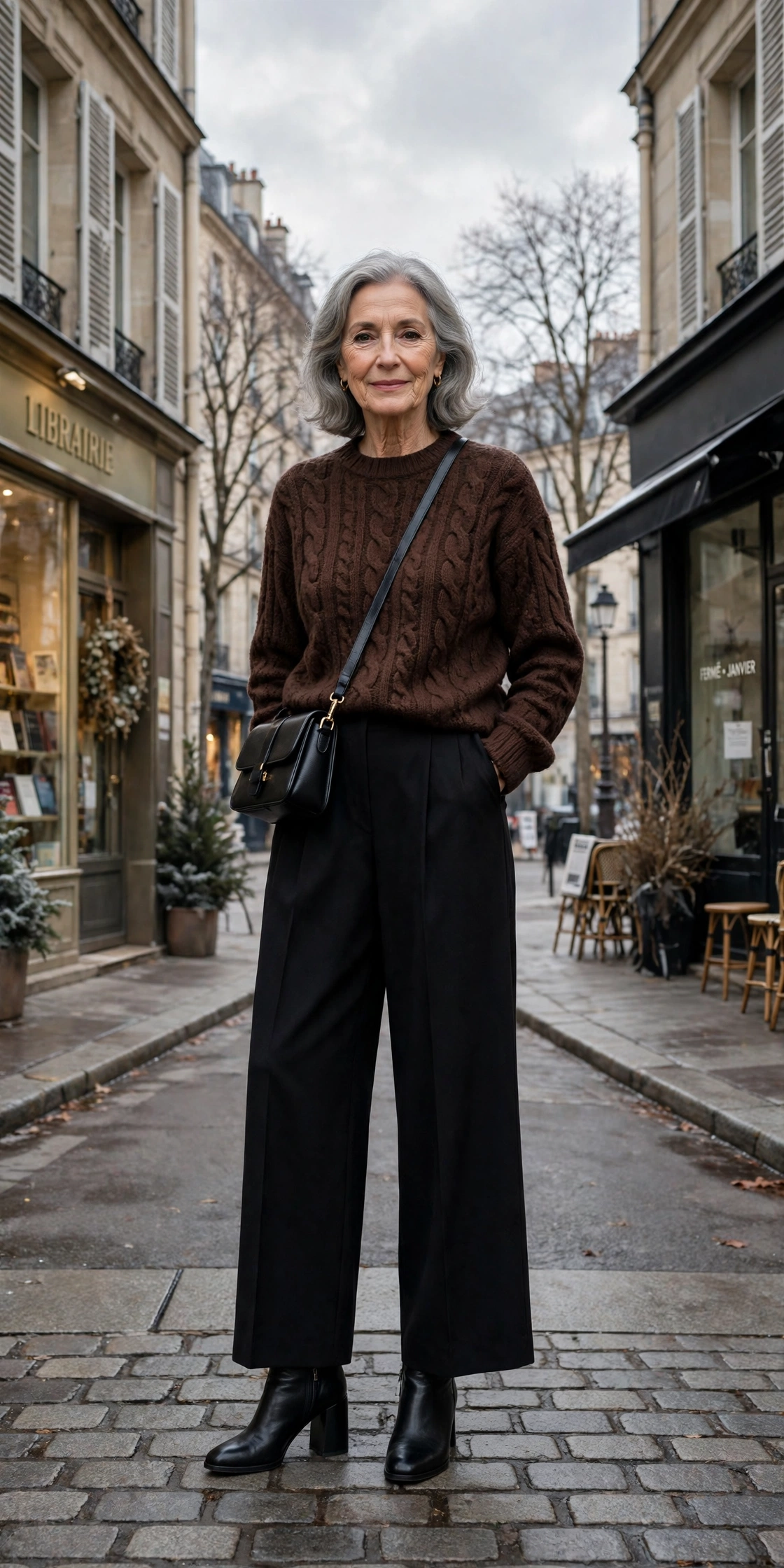 25 Women over 70 chocolate brown knit outfits for January weekends That Are Chic, Warm and Elegant 7 Chocolate brown cable knit sweater, black wide-leg trousers and block-heel ankle boots