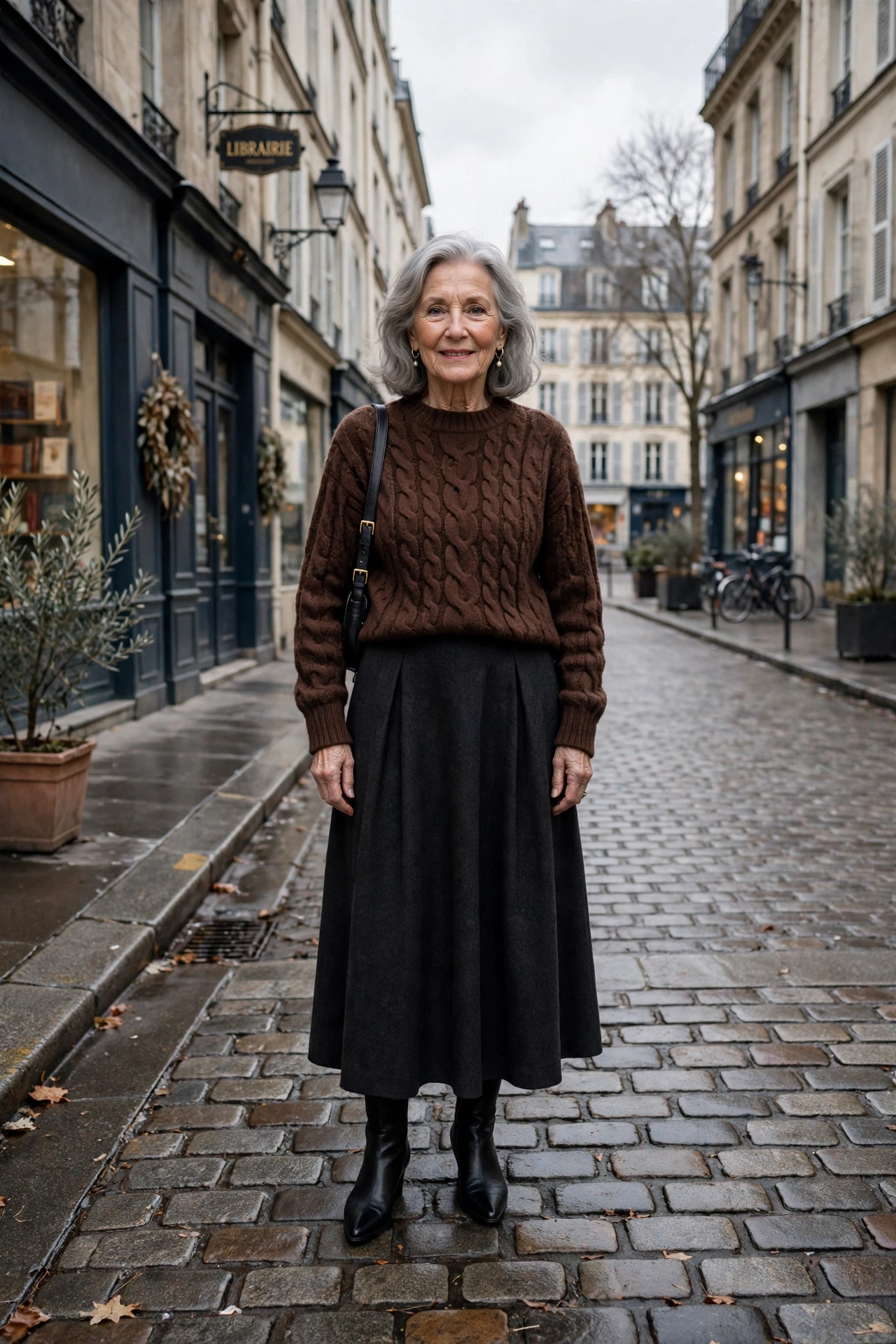 25 Women over 70 chocolate brown knit outfits for January weekends That Are Chic, Warm and Elegant 8 Chocolate brown cable knit sweater, dark midi skirt and black pointed boots