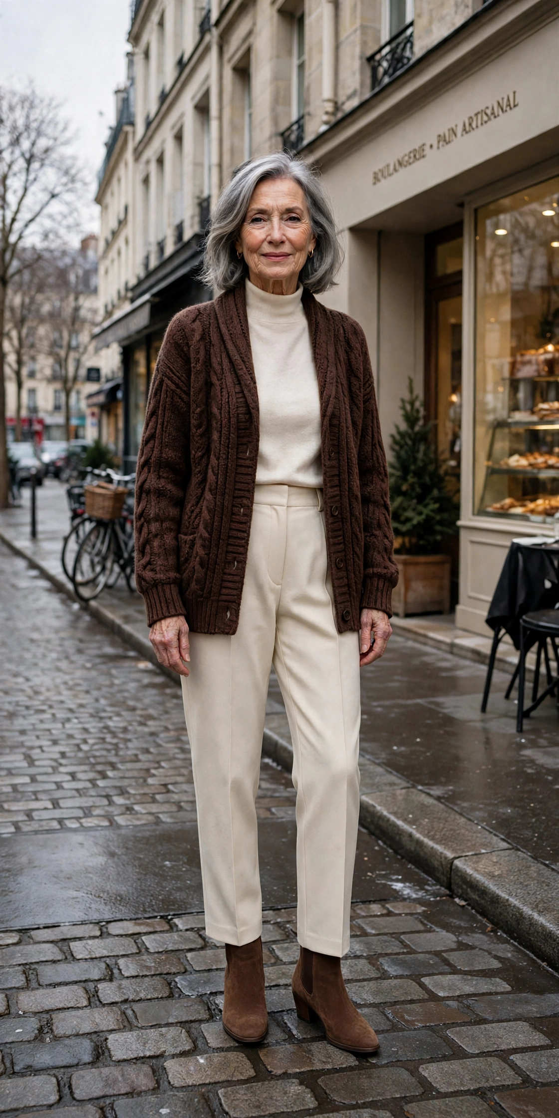 25 Women over 70 chocolate brown knit outfits for January weekends That Are Chic, Warm and Elegant 9 Chocolate brown knit cardigan, cream trousers and suede ankle boots