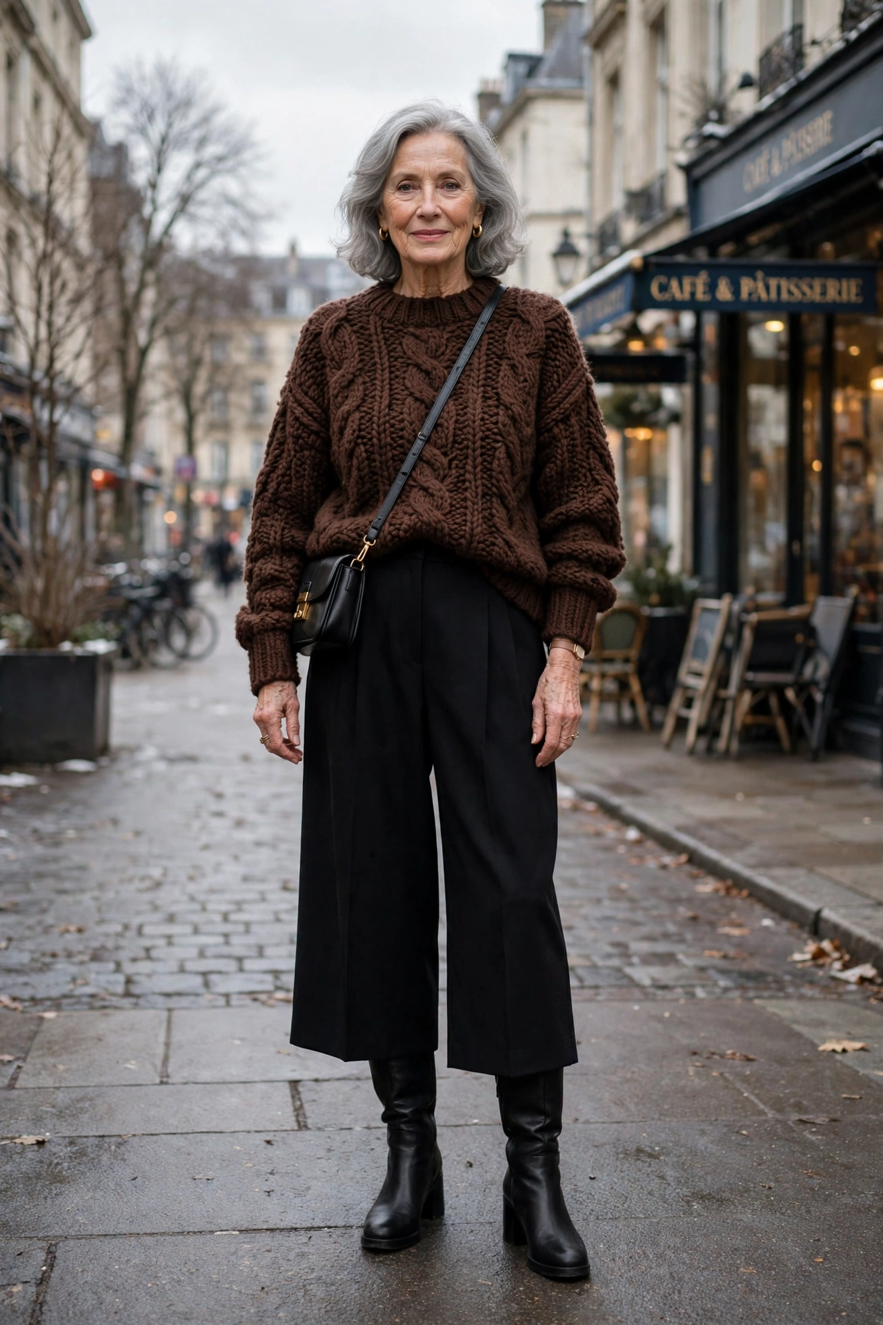 25 Women over 70 chocolate brown knit outfits for January weekends That Are Chic, Warm and Elegant 10 Chocolate brown chunky knit sweater, black wide-leg trousers and knee-high boots