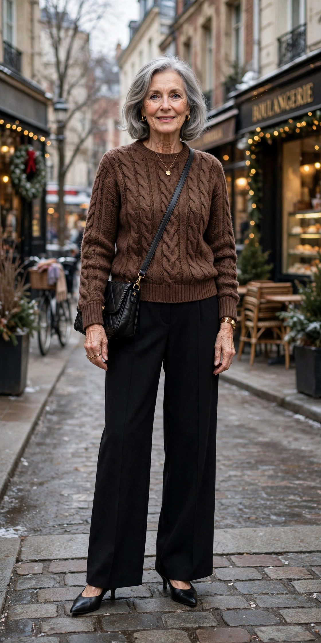 25 Women over 70 chocolate brown knit outfits for January weekends That Are Chic, Warm and Elegant 11 Chocolate brown cable knit sweater, black wide-leg trousers and kitten heels