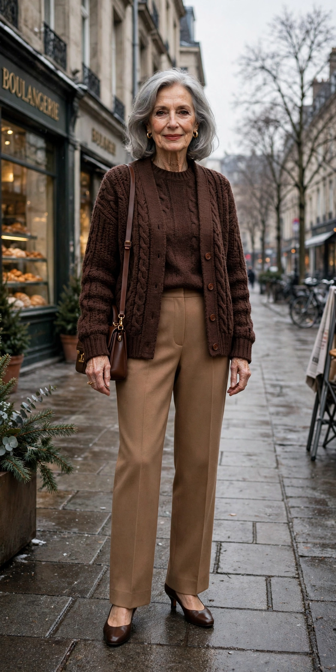25 Women over 70 chocolate brown knit outfits for January weekends That Are Chic, Warm and Elegant 12 Chocolate brown knit two-piece, camel trousers and low-heeled pumps