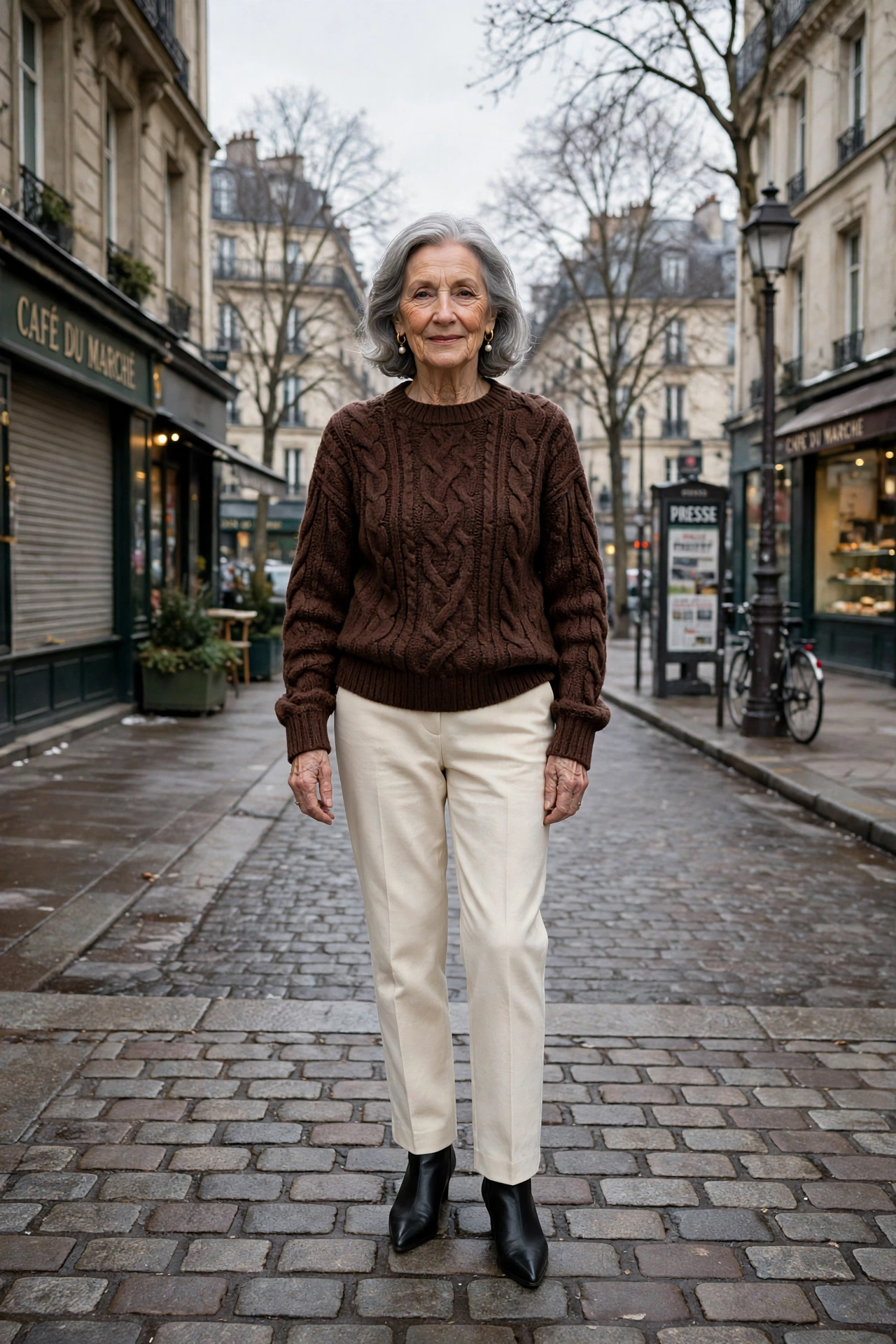 25 Women over 70 chocolate brown knit outfits for January weekends That Are Chic, Warm and Elegant 13 Chocolate brown cable knit sweater, cream trousers and black pointed boots