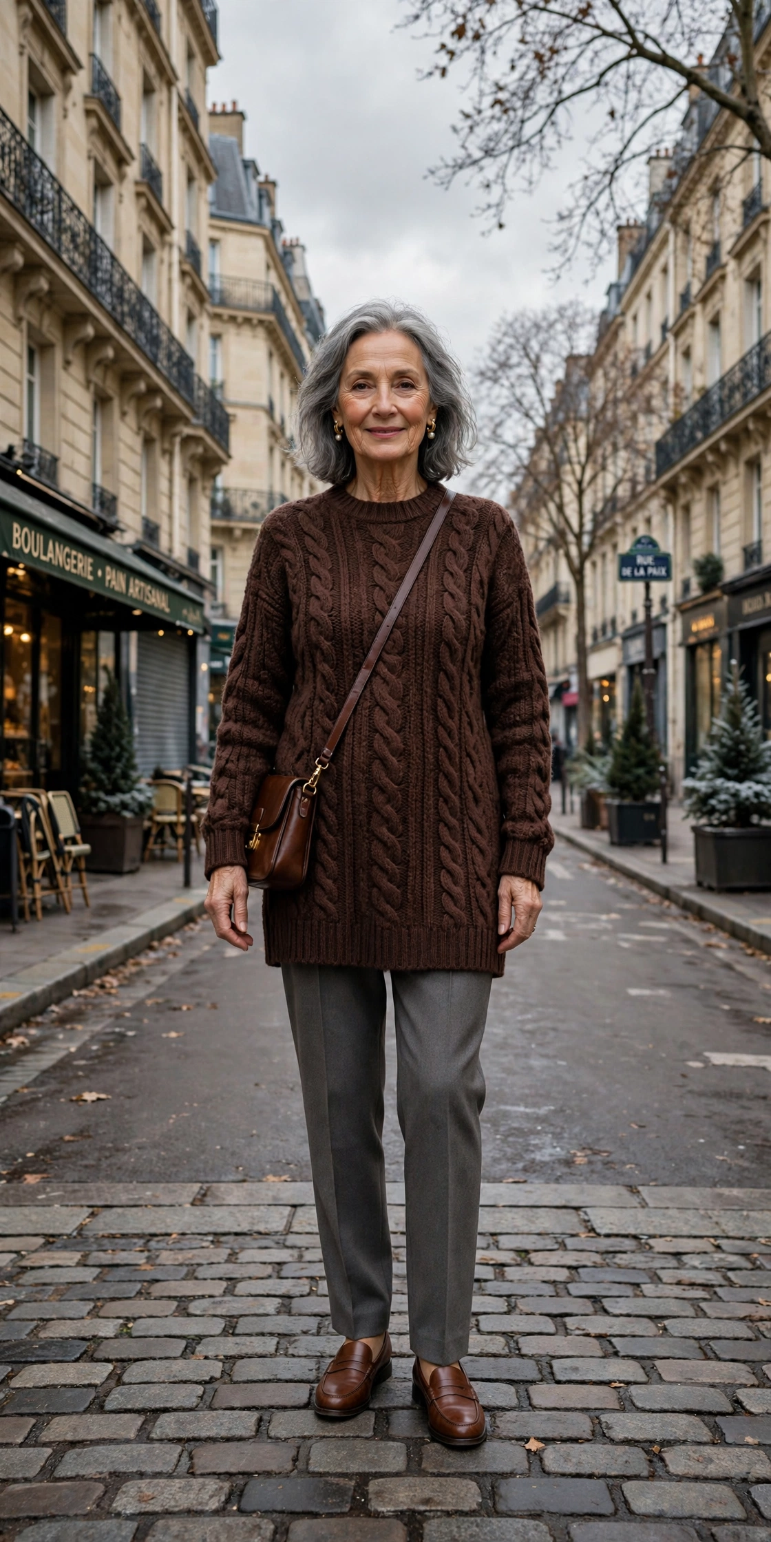 25 Women over 70 chocolate brown knit outfits for January weekends That Are Chic, Warm and Elegant 14 Chocolate brown knitted tunic, grey tailored trousers and classic loafers