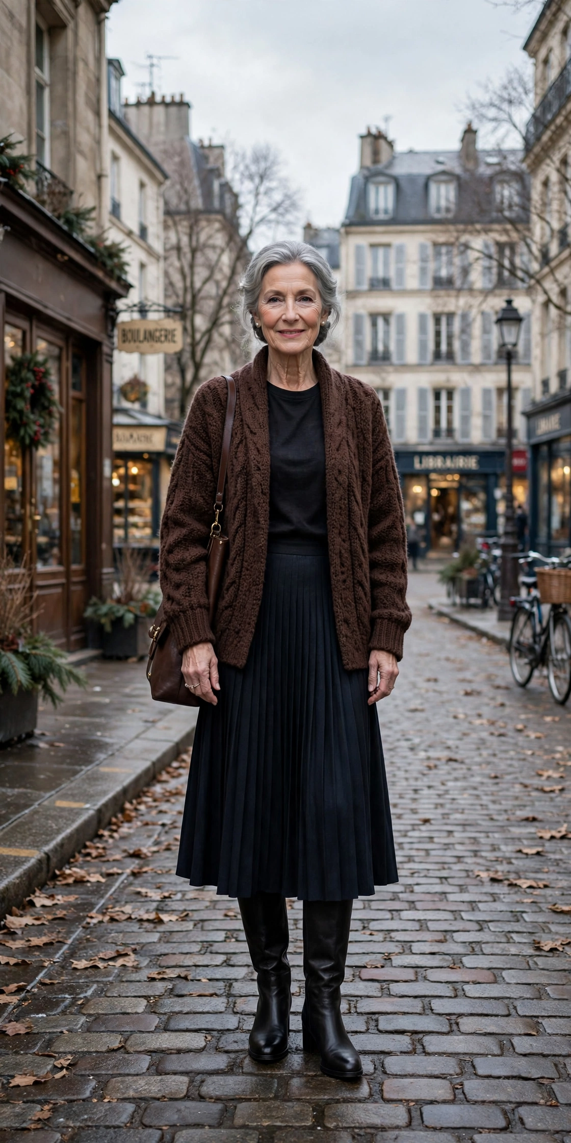 25 Women over 70 chocolate brown knit outfits for January weekends That Are Chic, Warm and Elegant 15 Chocolate brown knit cardigan, dark midi skirt and knee-high boots
