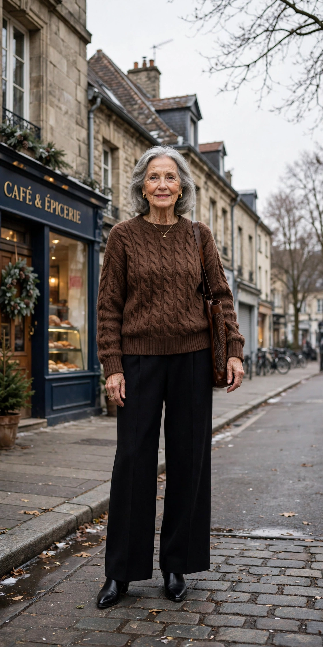 25 Women over 70 chocolate brown knit outfits for January weekends That Are Chic, Warm and Elegant 16 Chocolate brown cable knit sweater, black wide-leg trousers and black pointed boots