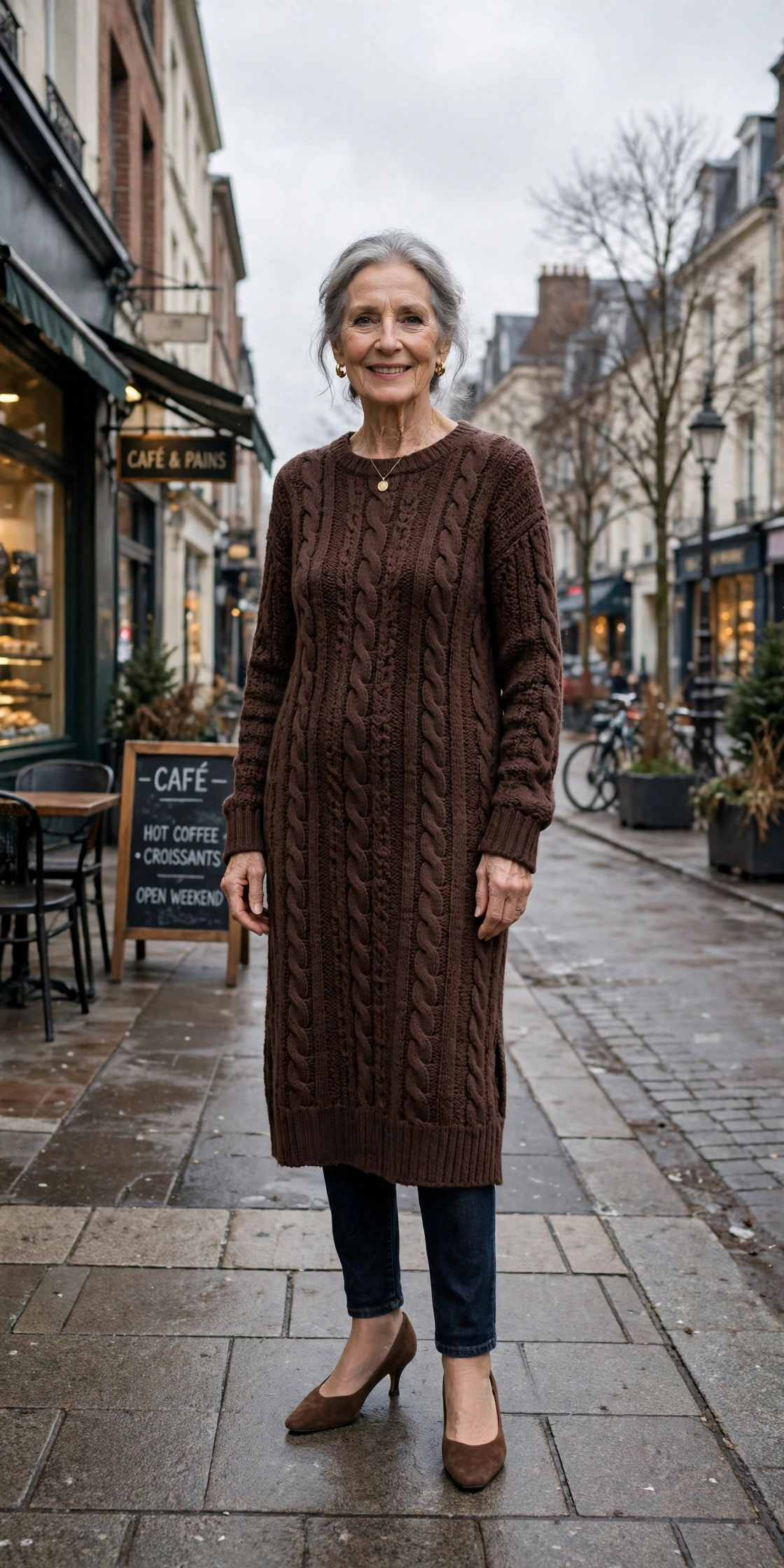 25 Women over 70 chocolate brown knit outfits for January weekends That Are Chic, Warm and Elegant 17 Chocolate brown knit midi dress, dark jeans and kitten heels