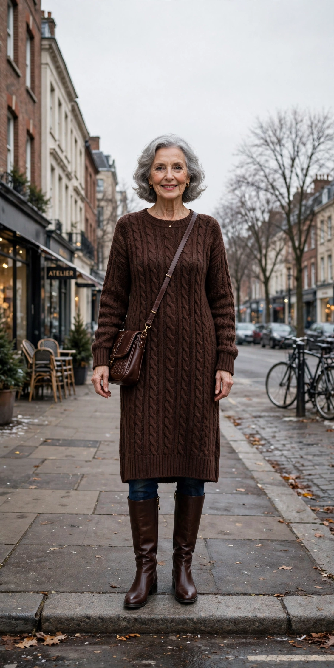 25 Women over 70 chocolate brown knit outfits for January weekends That Are Chic, Warm and Elegant 18 Chocolate brown knit midi dress, dark jeans and knee-high boots
