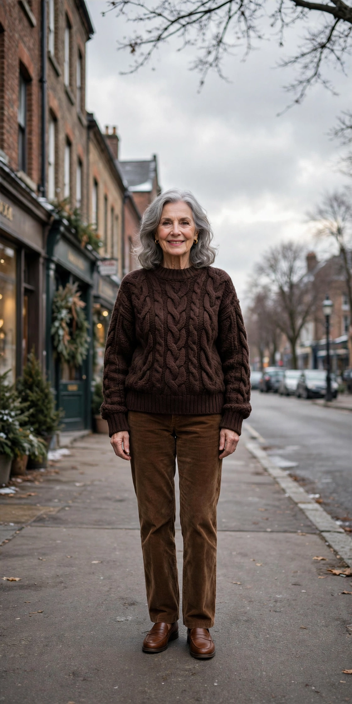 25 Women over 70 chocolate brown knit outfits for January weekends That Are Chic, Warm and Elegant 19 Chocolate brown chunky knit sweater, brown corduroy trousers and classic loafers
