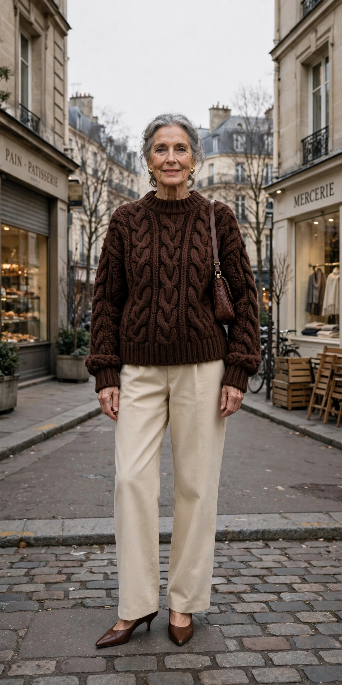 25 Women over 70 chocolate brown knit outfits for January weekends That Are Chic, Warm and Elegant 20 Chocolate brown chunky knit sweater, cream trousers and kitten heels