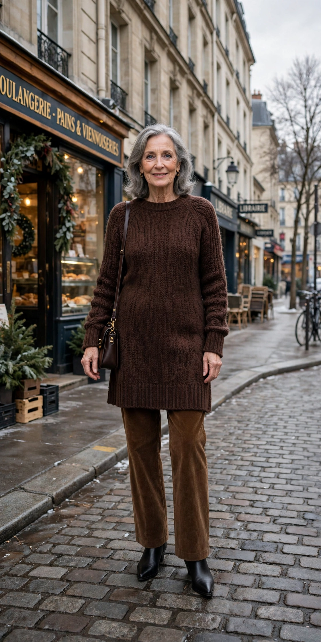 25 Women over 70 chocolate brown knit outfits for January weekends That Are Chic, Warm and Elegant 21 Chocolate brown knit dress, brown corduroy trousers and black pointed boots